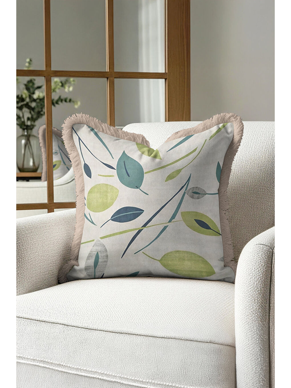 Karışık Doğal Yaprak Motifli Saçaklı Yastık Kılıfı - Bohem Pastel Yeşil Naturel Püsküllü Kırlent Kılıfı-4