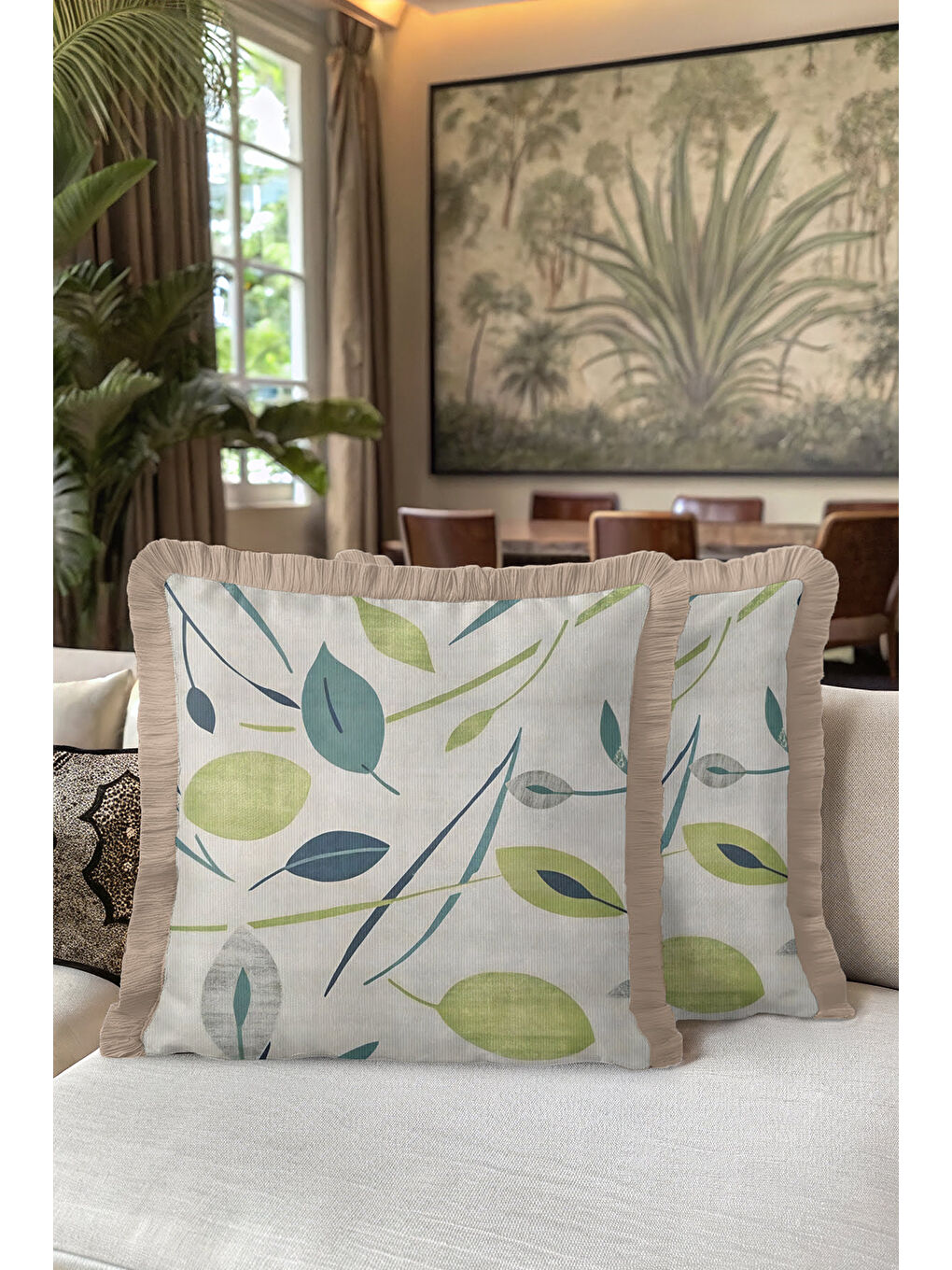 Karışık Doğal Yaprak Motifli Saçaklı Yastık Kılıfı - Bohem Pastel Yeşil Naturel Püsküllü Kırlent Kılıfı-5