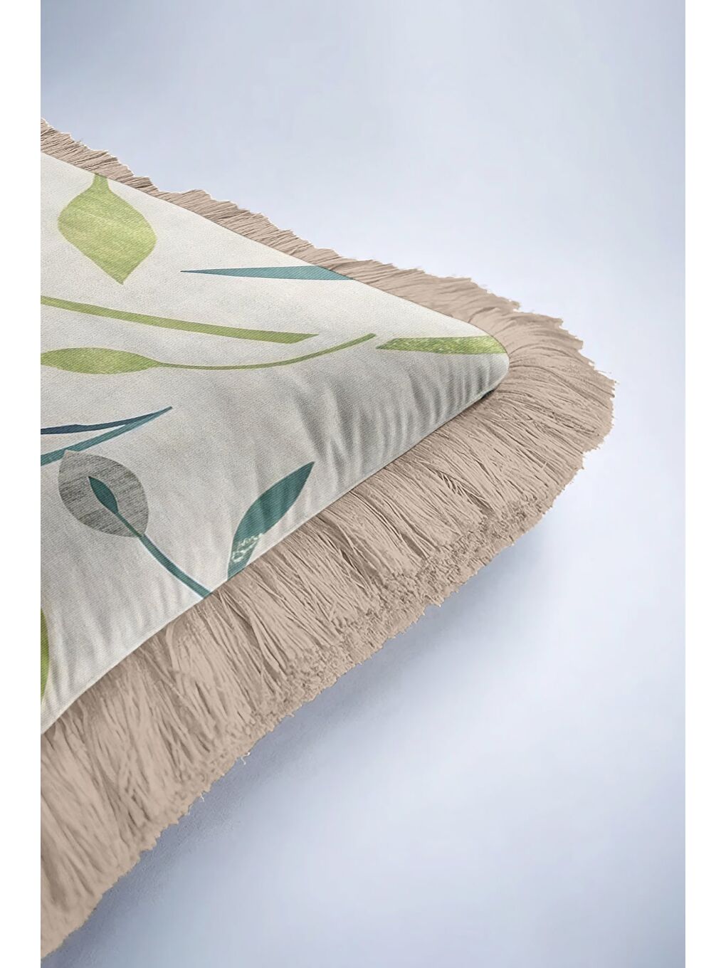 Karışık Doğal Yaprak Motifli Saçaklı Yastık Kılıfı - Bohem Pastel Yeşil Naturel Püsküllü Kırlent Kılıfı-6
