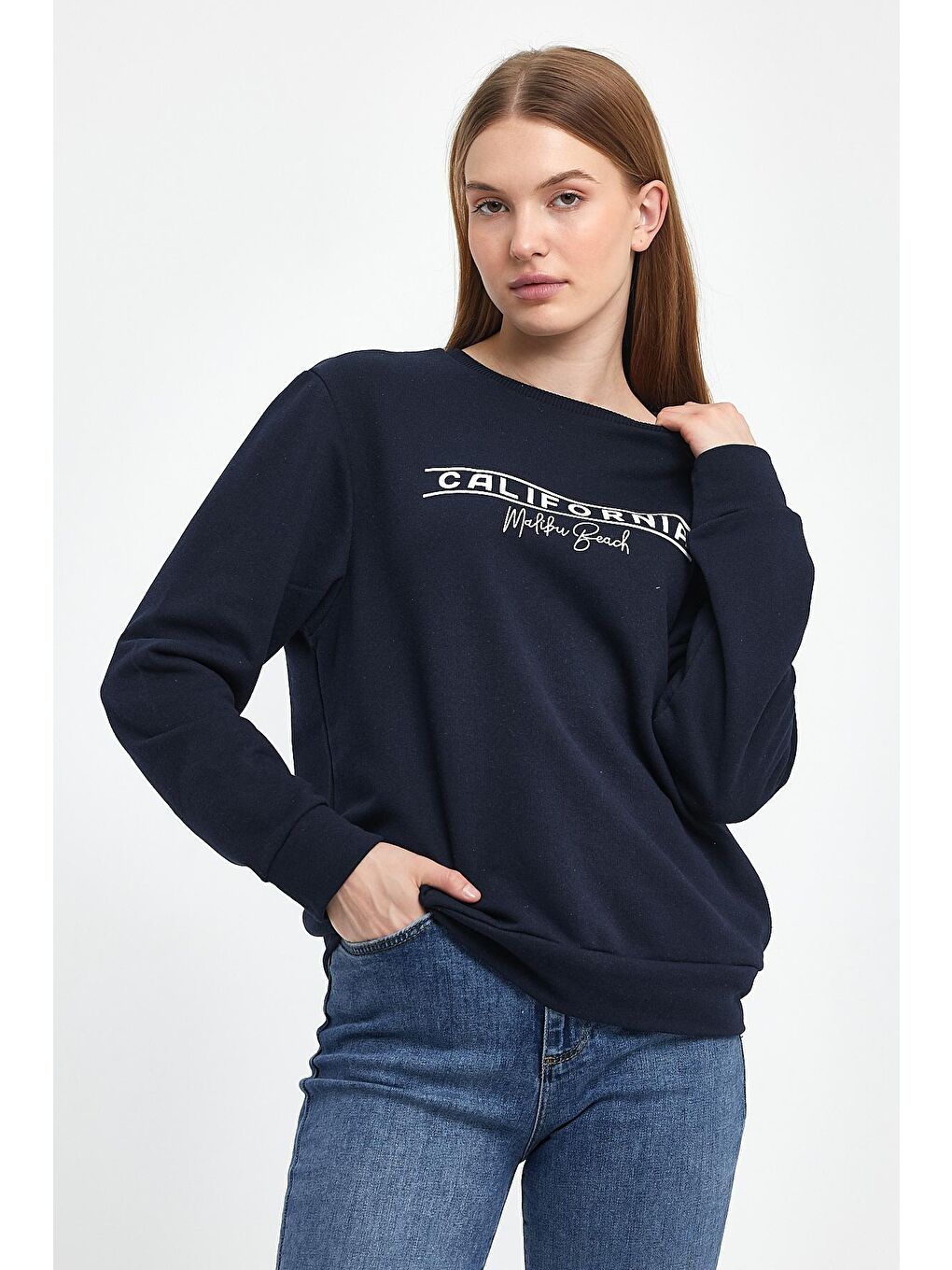 Lacivert Kadın Bisiklet Yaka Rahat Kalıp 3 iplik Kalın Californıa Baskılı Sweatshirt SPR24SWK32-4