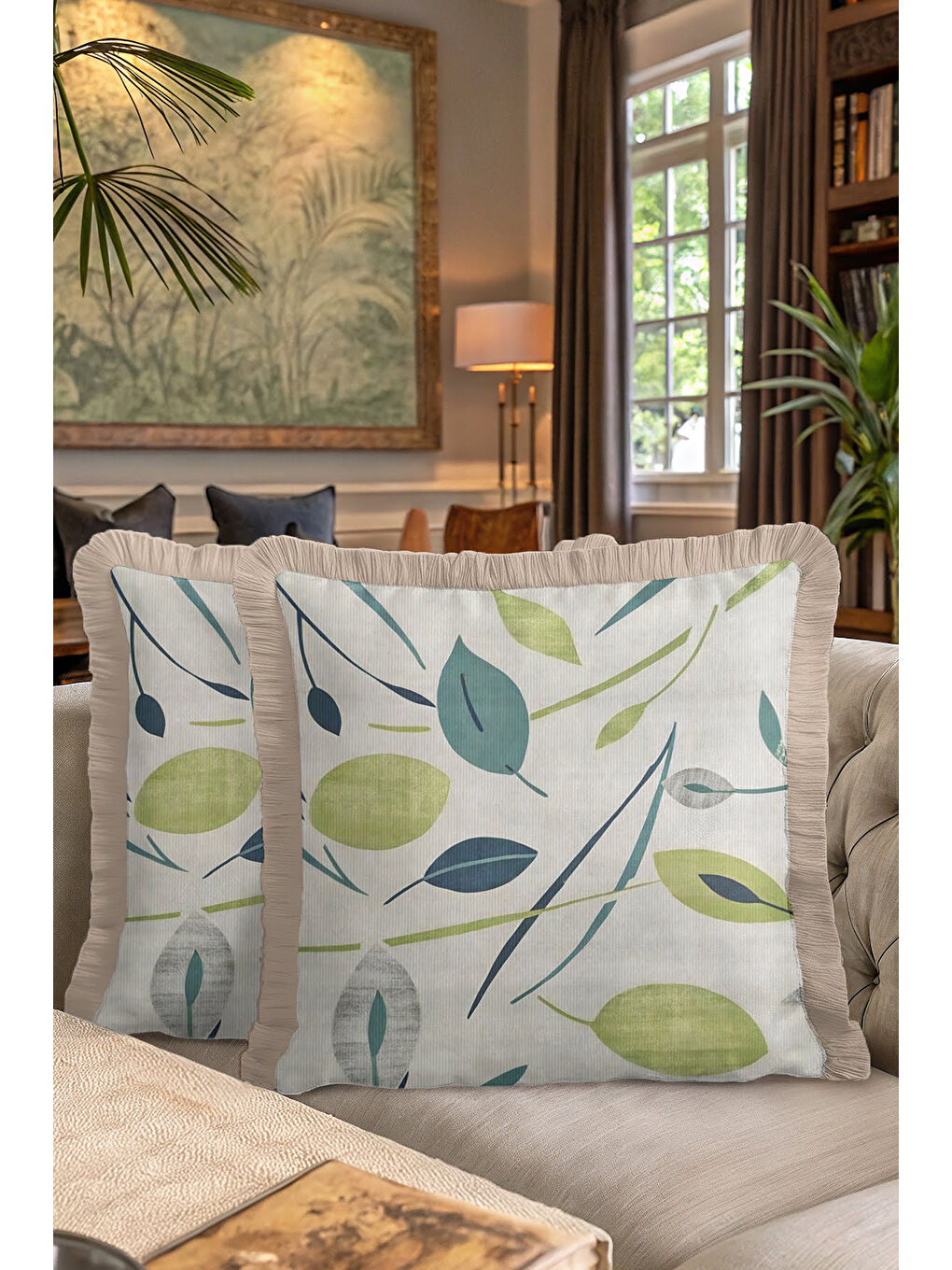 Karışık Doğal Yaprak Motifli Saçaklı Yastık Kılıfı - Bohem Pastel Yeşil Naturel Püsküllü Kırlent Kılıfı-7