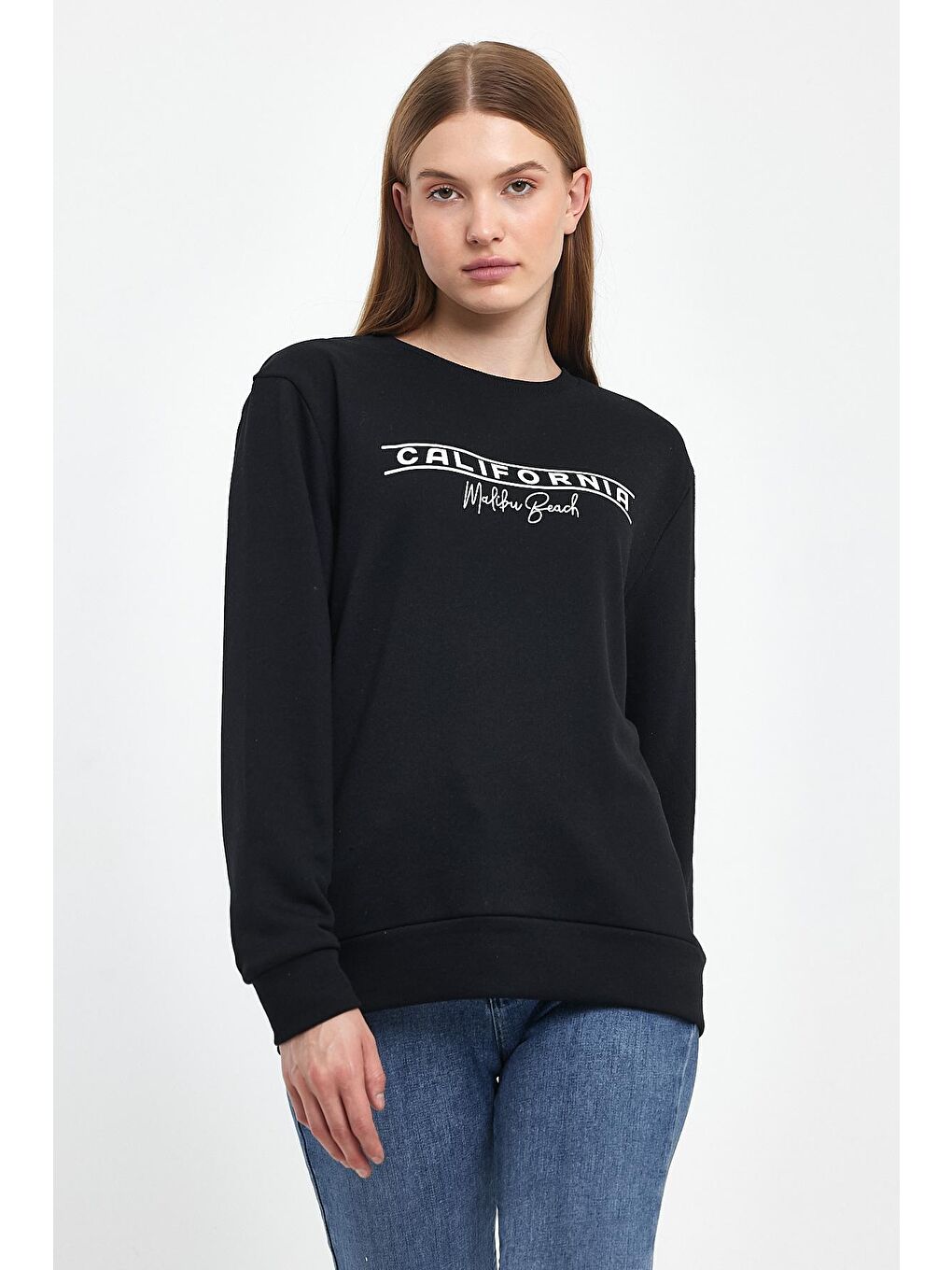 Siyah Kadın Bisiklet Yaka Rahat Kalıp 3 iplik Kalın Californıa Baskılı Sweatshirt SPR24SWK32-1