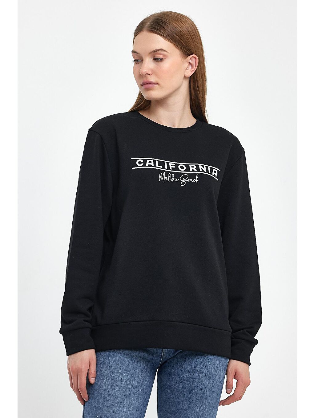Siyah Kadın Bisiklet Yaka Rahat Kalıp 3 iplik Kalın Californıa Baskılı Sweatshirt SPR24SWK32-2