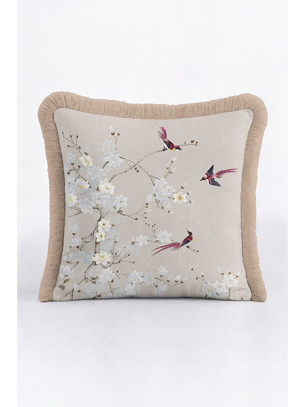Karışık Çiçekli Kuş Motifli Saçaklı Yastık Kılıfı - Doğal Zarif Bahar Tema Krem Bej Püsküllü Kırlent Kılıfı-1