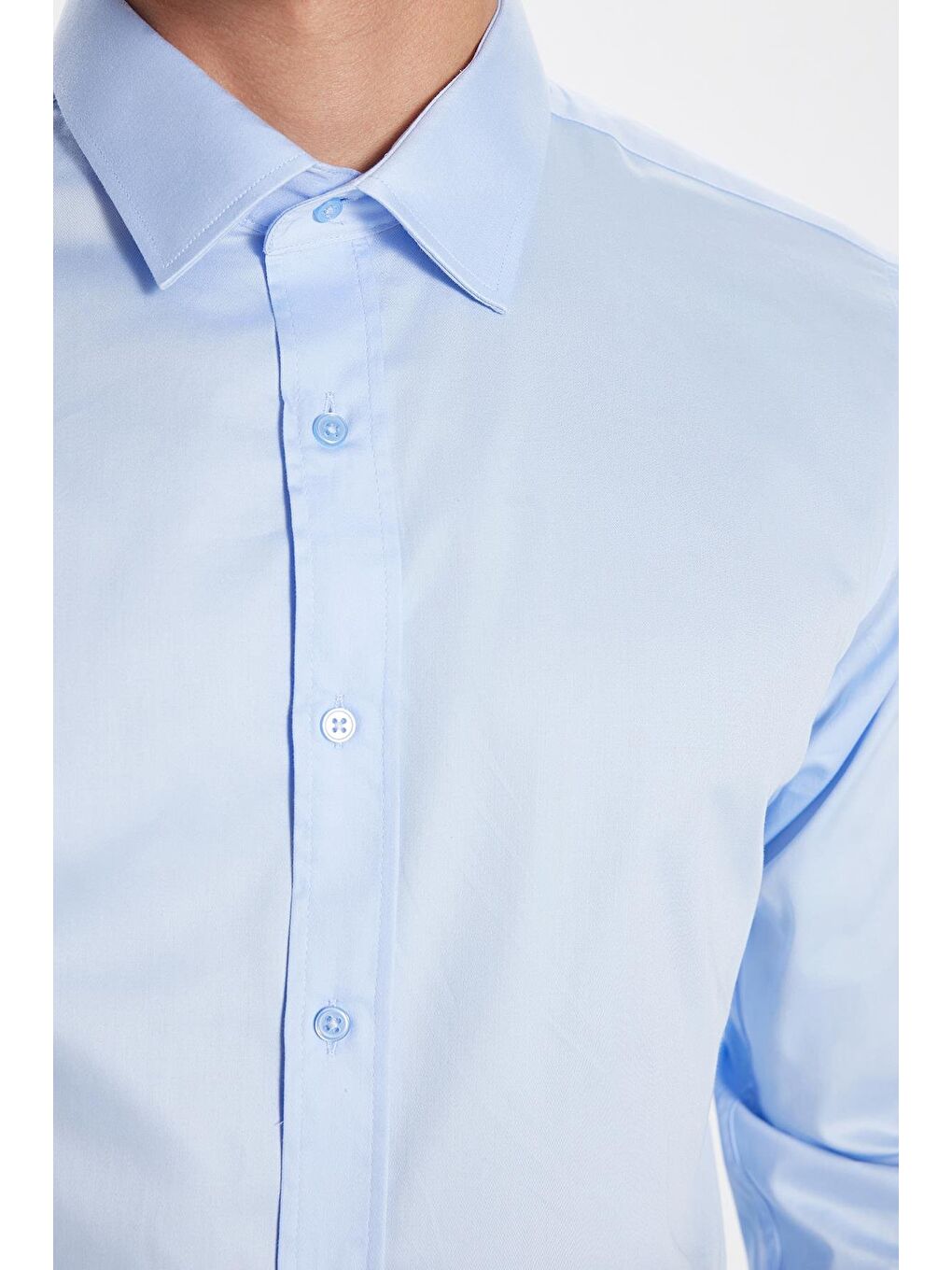 Slım Fıt %100 Pamuk Saten Premium Erkek Mavi Gömlek-1