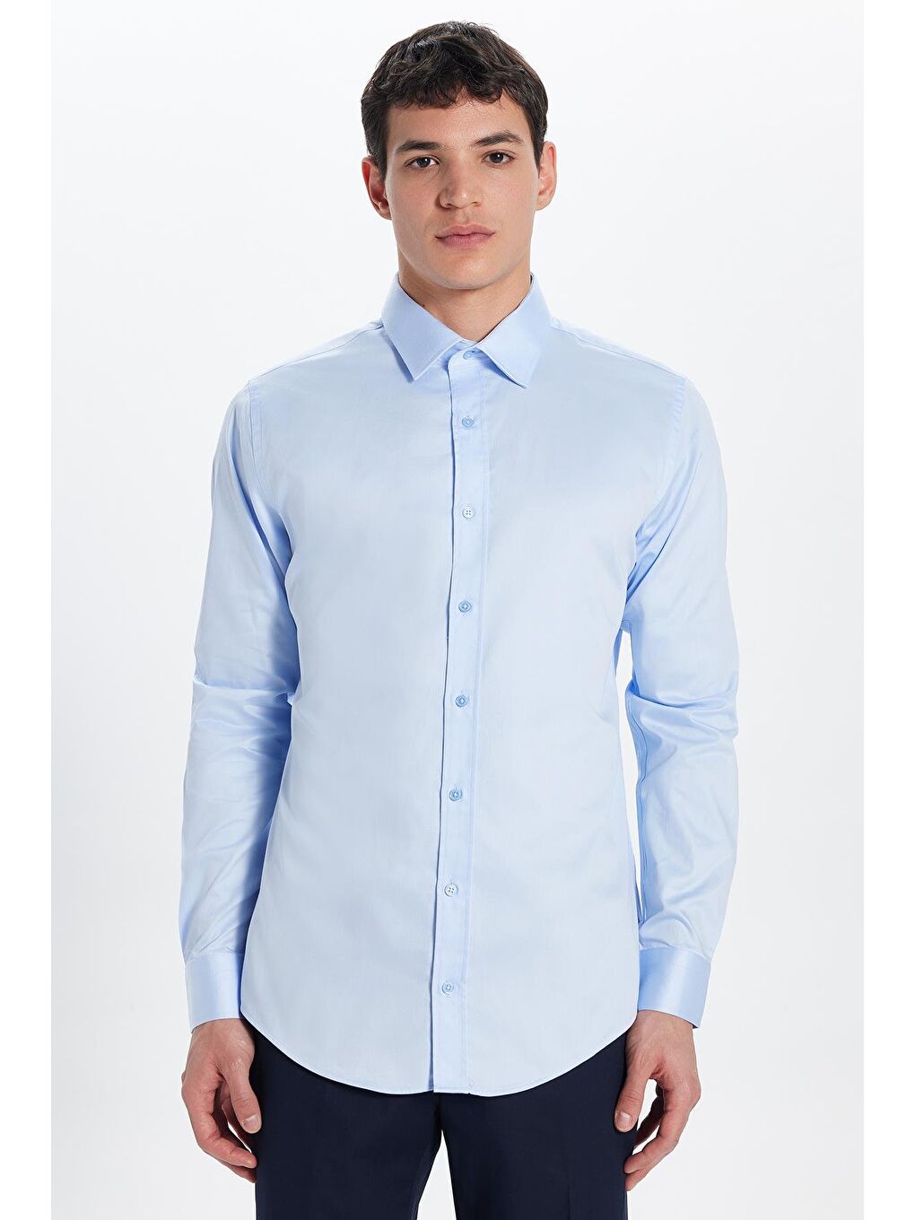 Slım Fıt %100 Pamuk Saten Premium Erkek Mavi Gömlek-4