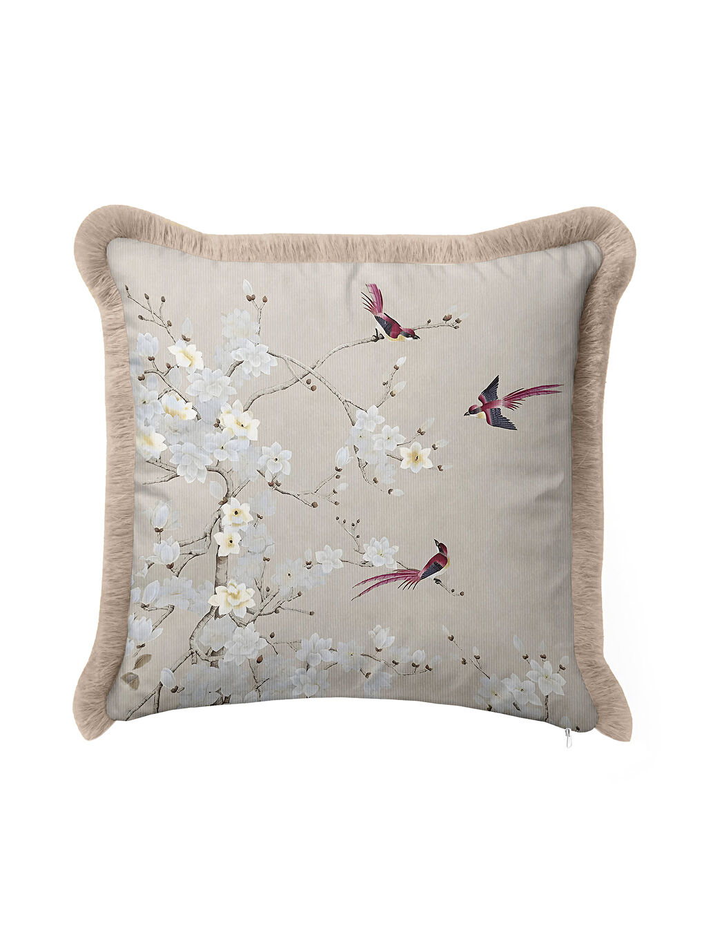 Karışık Çiçekli Kuş Motifli Saçaklı Yastık Kılıfı - Doğal Zarif Bahar Tema Krem Bej Püsküllü Kırlent Kılıfı-2
