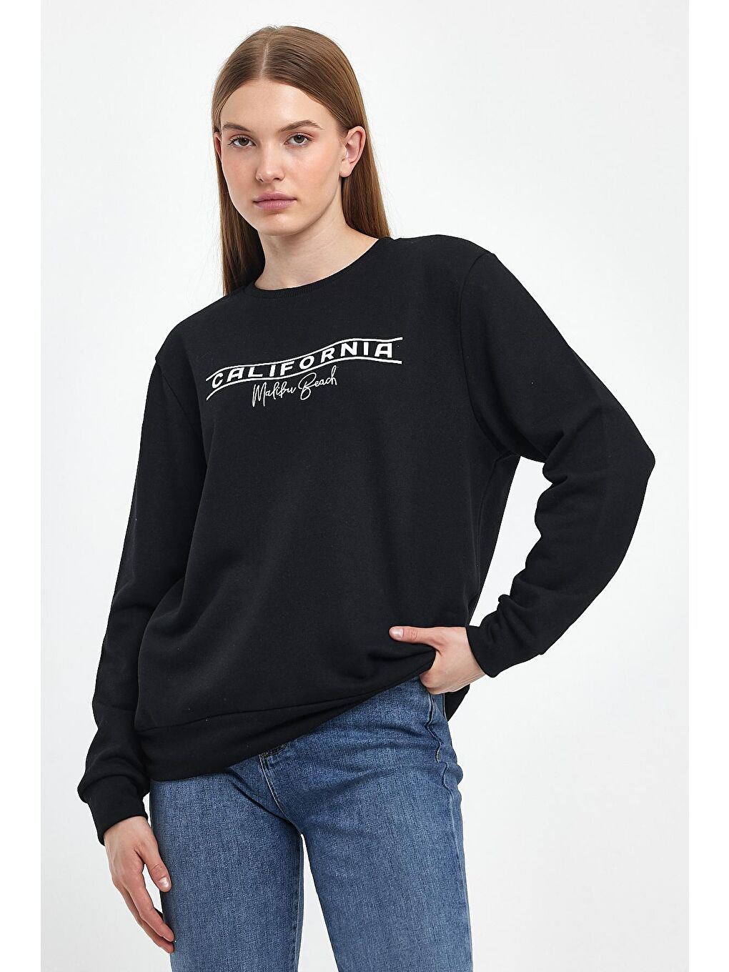 Siyah Kadın Bisiklet Yaka Rahat Kalıp 3 iplik Kalın Californıa Baskılı Sweatshirt SPR24SWK32-4