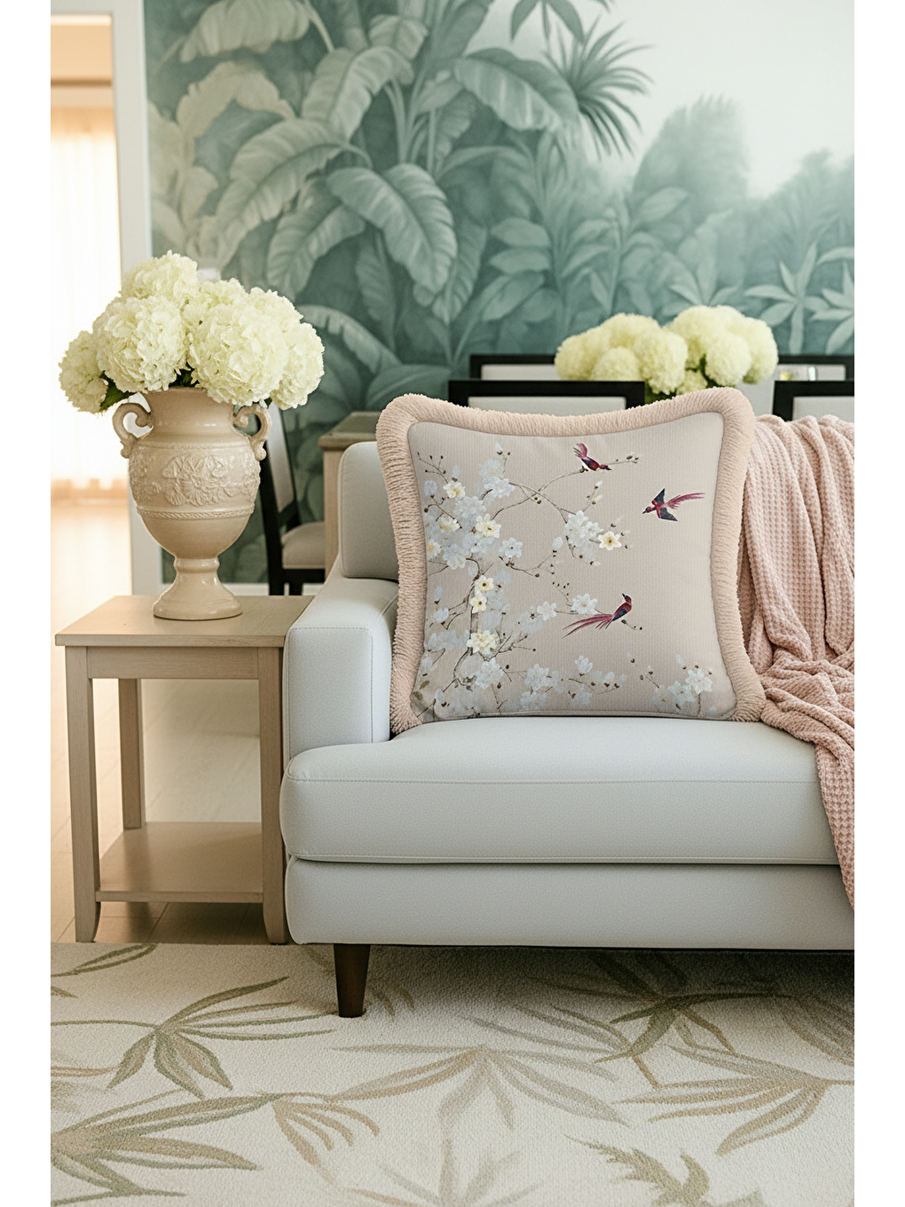 Karışık Çiçekli Kuş Motifli Saçaklı Yastık Kılıfı - Doğal Zarif Bahar Tema Krem Bej Püsküllü Kırlent Kılıfı-3