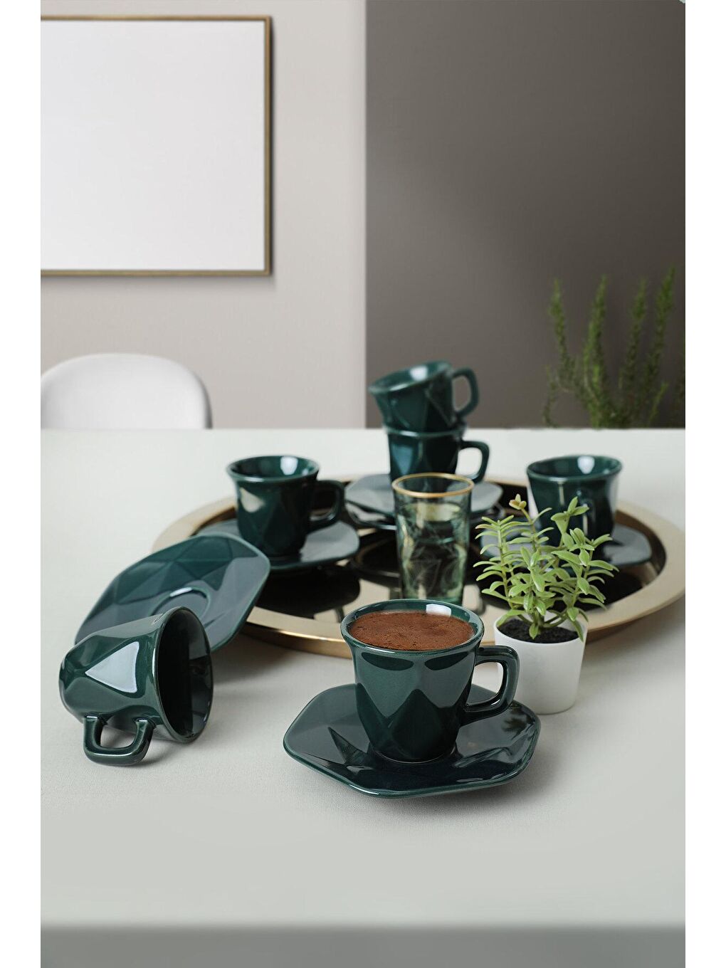 Metalik Yeşil Kristal Kahve Takımı 12 Parça 6 Kişilik