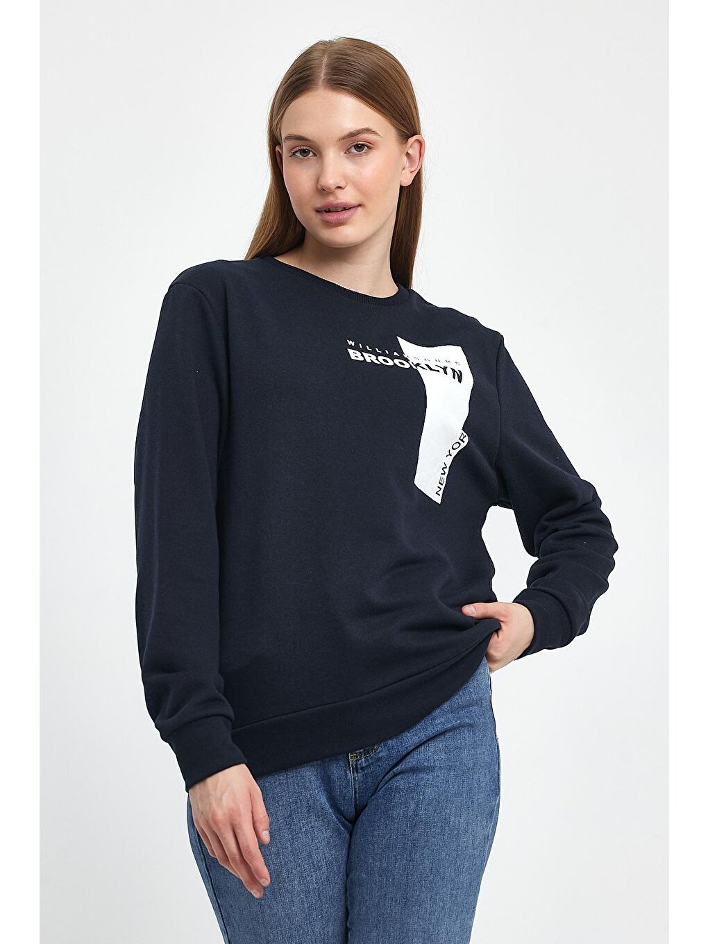 Lacivert Kadın Bisiklet Yaka Rahat Kalıp 3 iplik Kalın W.Brooklyn Baskılı Sweatshirt SPR24SWK31-1