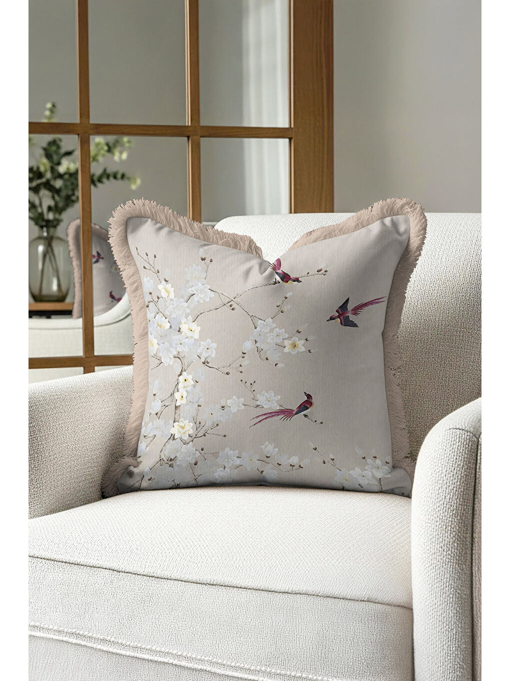 Karışık Çiçekli Kuş Motifli Saçaklı Yastık Kılıfı - Doğal Zarif Bahar Tema Krem Bej Püsküllü Kırlent Kılıfı-4