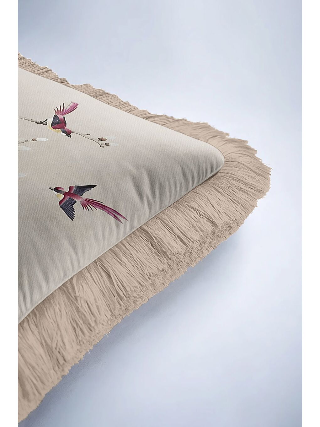 Karışık Çiçekli Kuş Motifli Saçaklı Yastık Kılıfı - Doğal Zarif Bahar Tema Krem Bej Püsküllü Kırlent Kılıfı-6