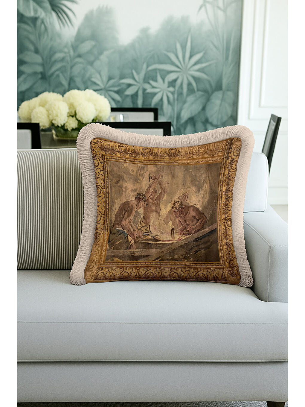 Karışık Barok Saray Lüks Saçaklı Yastık Kılıfı - Klasik Sanat Rustik Altın Renkli Püsküllü Kırlent Kılıfı-2