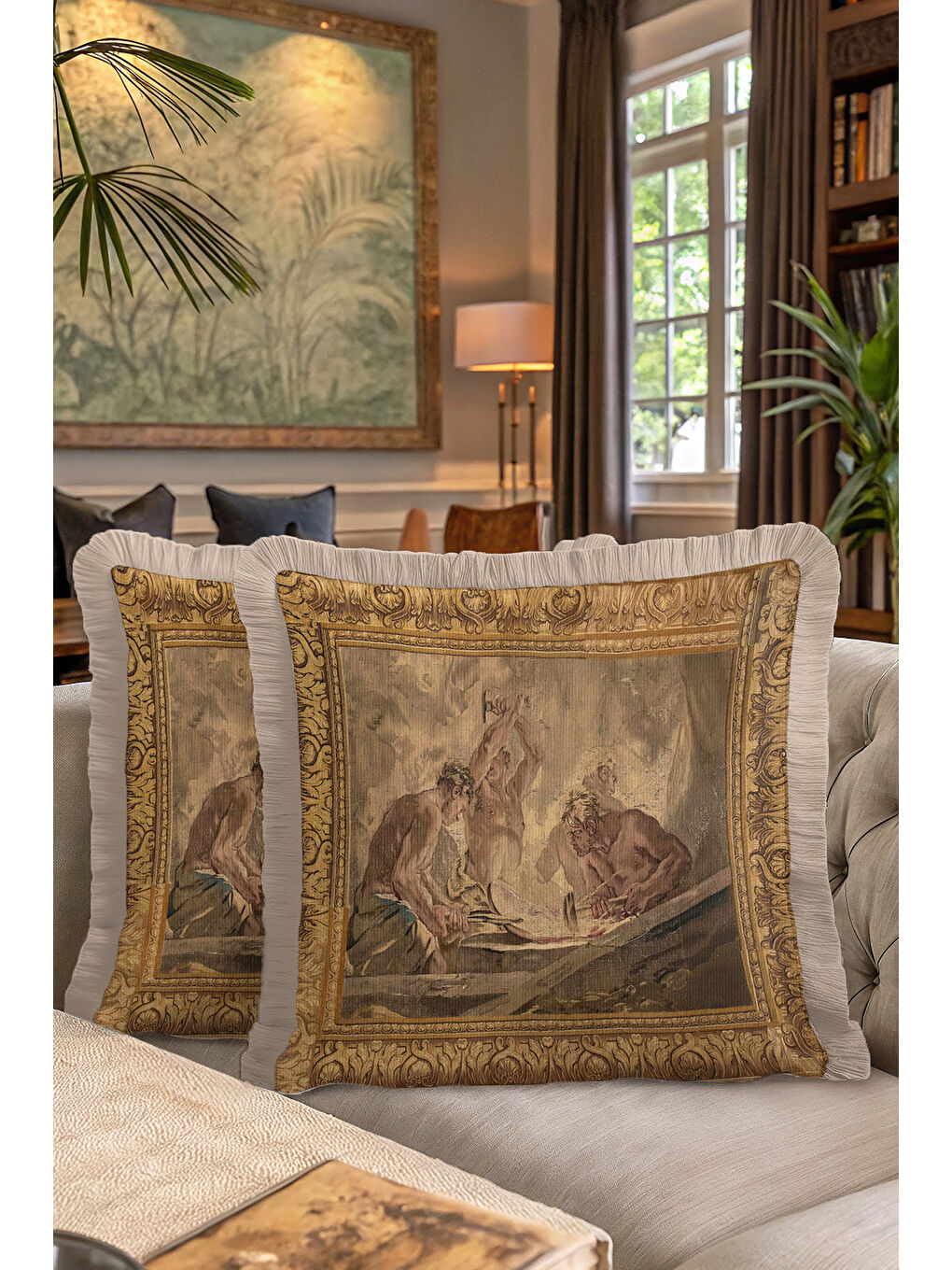 Karışık Barok Saray Lüks Saçaklı Yastık Kılıfı - Klasik Sanat Rustik Altın Renkli Püsküllü Kırlent Kılıfı-7