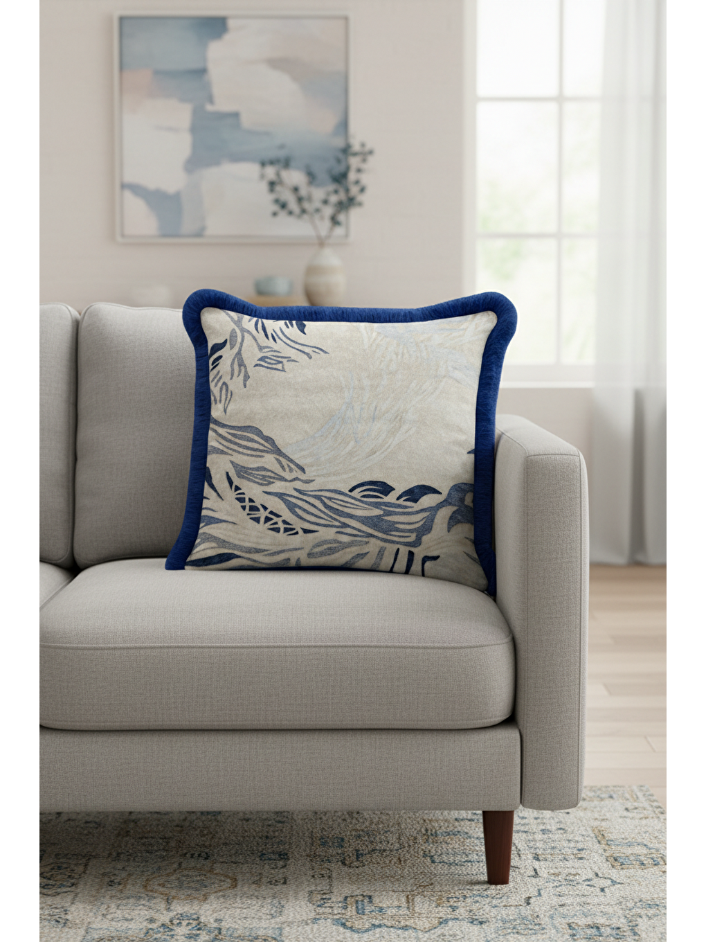 Karışık Modern Dalga Motifli Saçaklı Yastık Kılıfı - Doğal Mavi Ege Stili Püsküllü Kırlent Kılıfı