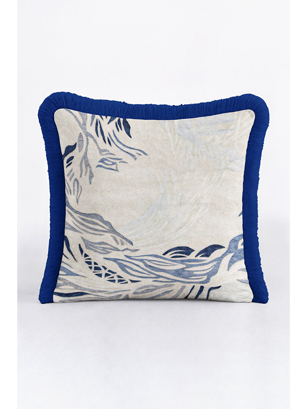 Karışık Modern Dalga Motifli Saçaklı Yastık Kılıfı - Doğal Mavi Ege Stili Püsküllü Kırlent Kılıfı-1