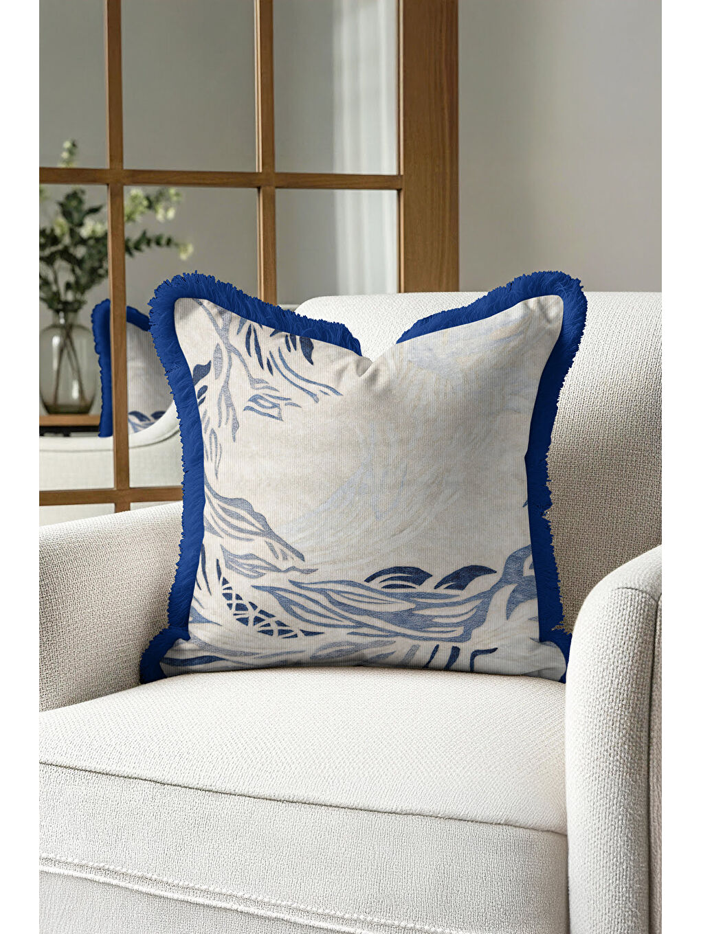 Karışık Modern Dalga Motifli Saçaklı Yastık Kılıfı - Doğal Mavi Ege Stili Püsküllü Kırlent Kılıfı-2