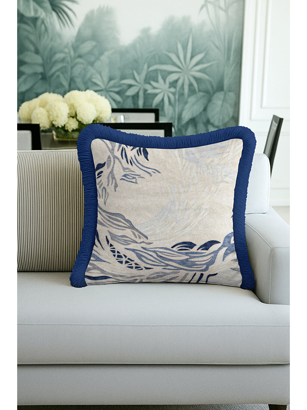 Karışık Modern Dalga Motifli Saçaklı Yastık Kılıfı - Doğal Mavi Ege Stili Püsküllü Kırlent Kılıfı-4