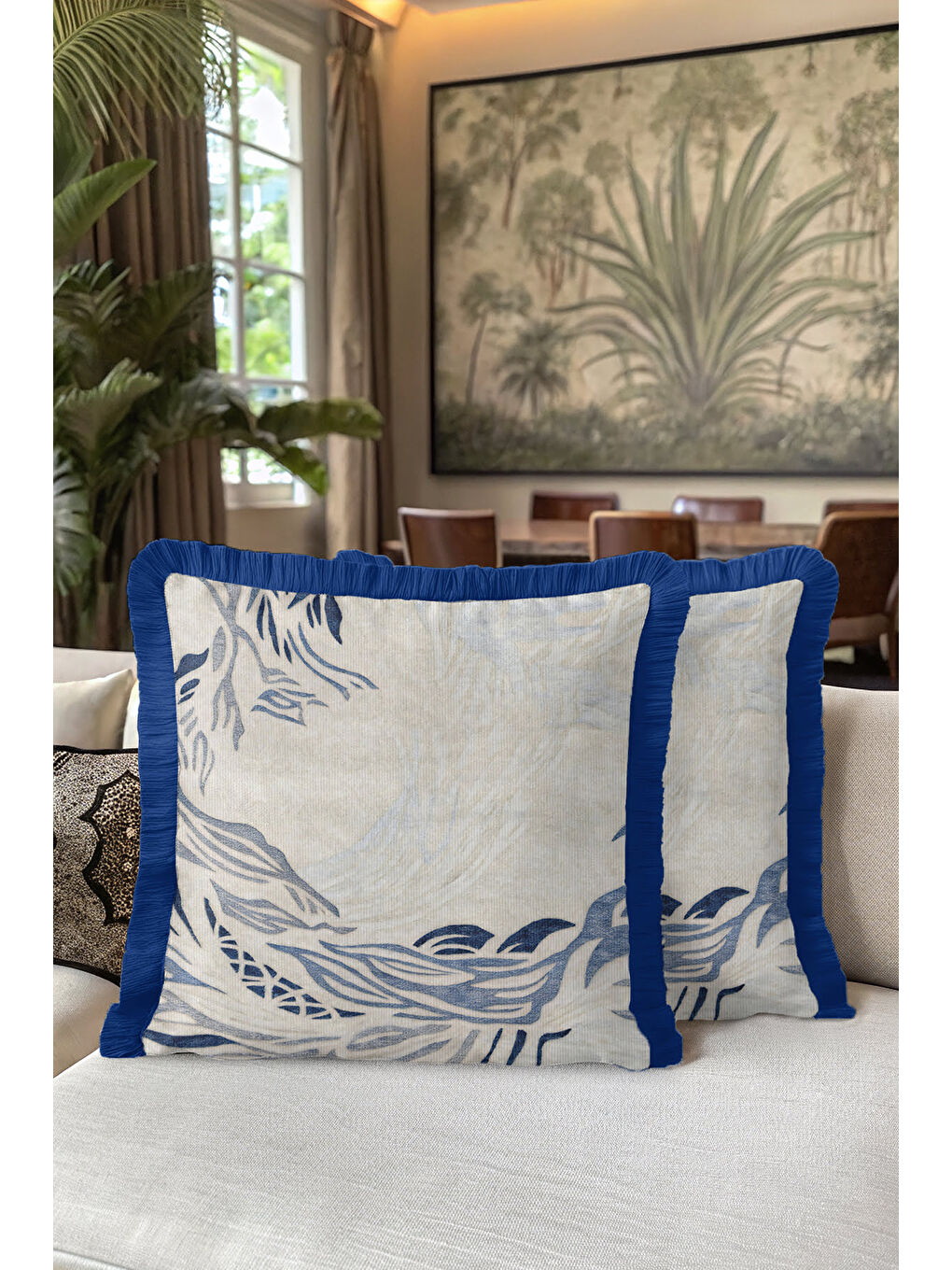 Karışık Modern Dalga Motifli Saçaklı Yastık Kılıfı - Doğal Mavi Ege Stili Püsküllü Kırlent Kılıfı-5