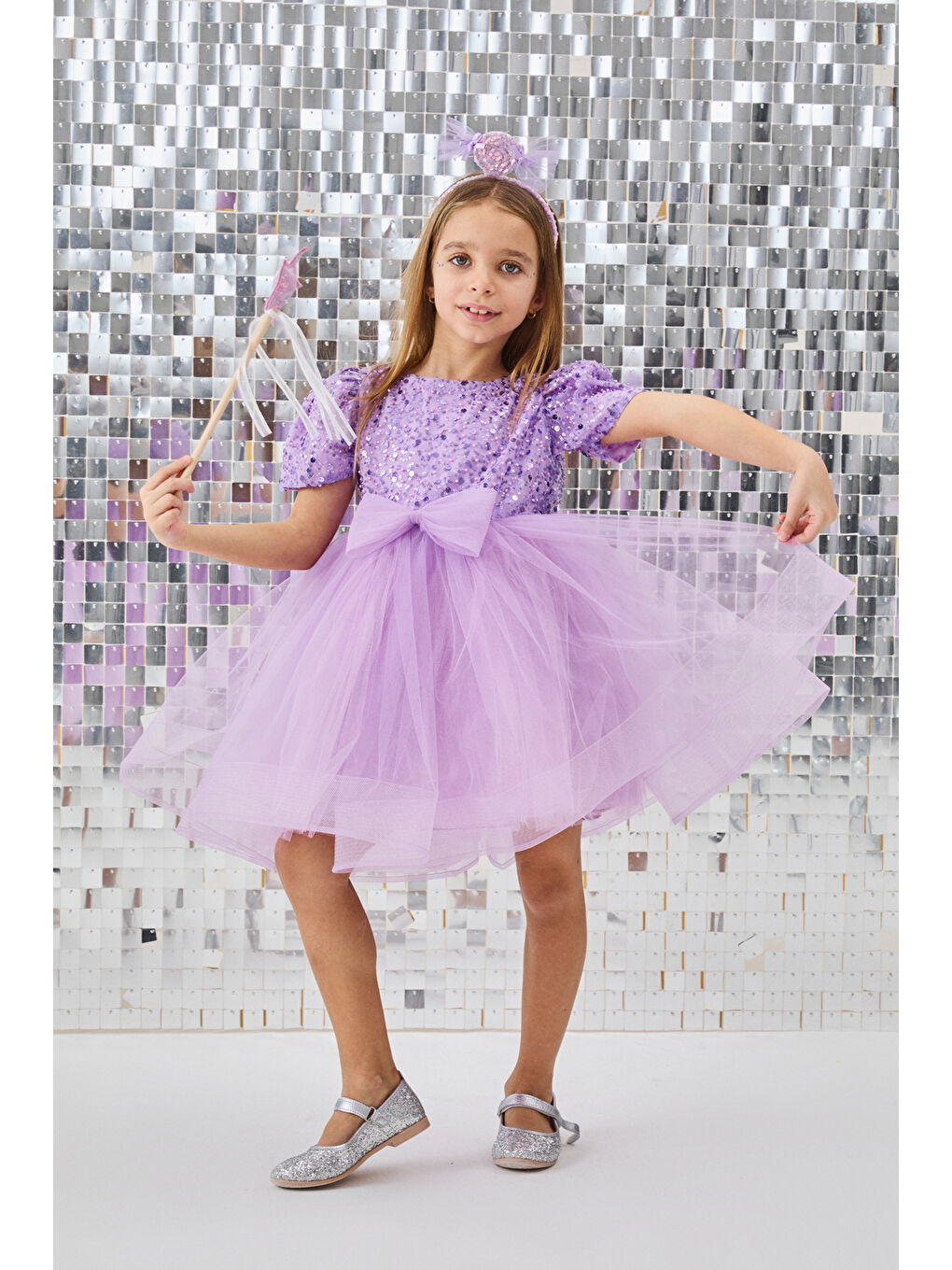 Lila Boncuklu Pullu Kız Çocuk Elbise - Gloria