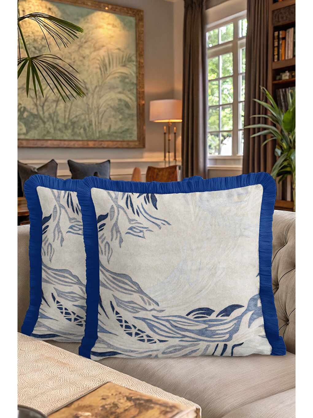 Karışık Modern Dalga Motifli Saçaklı Yastık Kılıfı - Doğal Mavi Ege Stili Püsküllü Kırlent Kılıfı-7