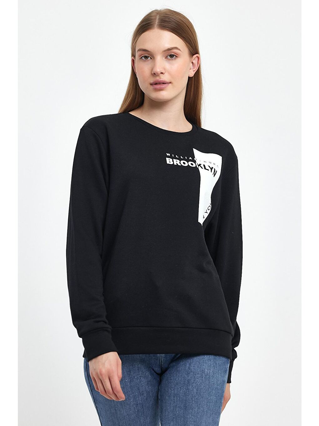Siyah Kadın Bisiklet Yaka Rahat Kalıp 3 iplik Kalın W.Brooklyn Baskılı Sweatshirt SPR24SWK31-4