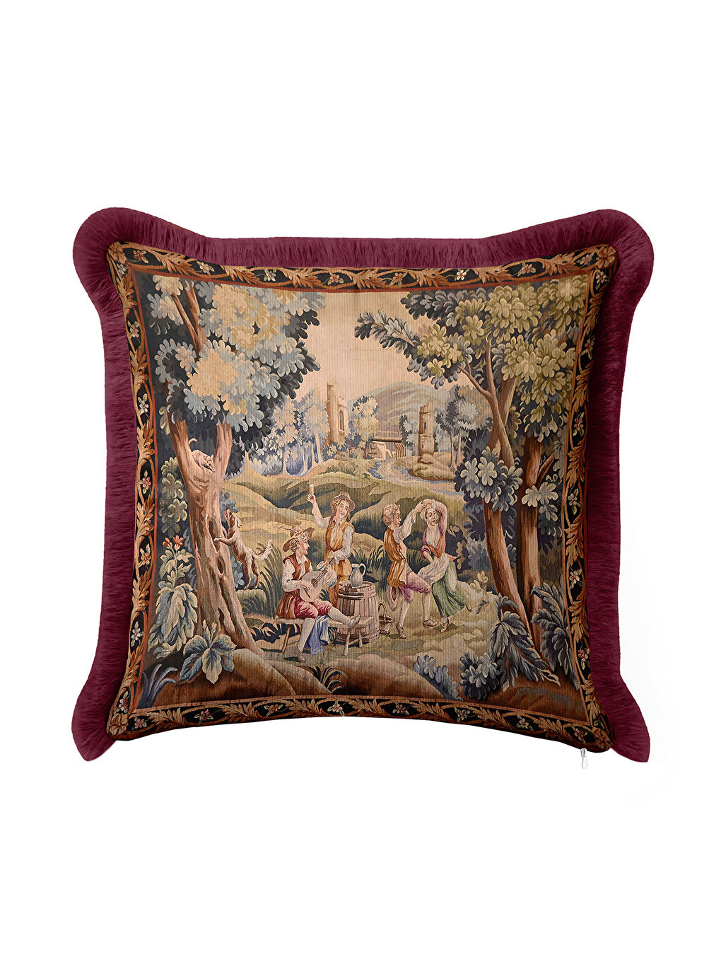 Karışık Barok Klasik Saçaklı Yastık Kılıfı - Pastoral Nostaljik Bordo Altın Püsküllü Kırlent Kılıfı-1