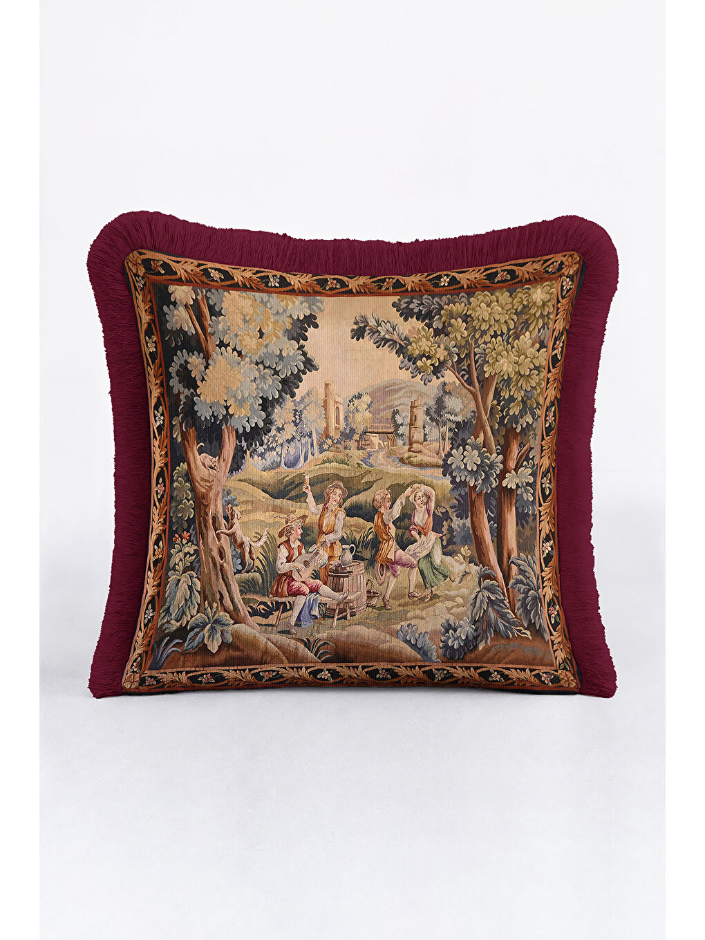 Karışık Barok Klasik Saçaklı Yastık Kılıfı - Pastoral Nostaljik Bordo Altın Püsküllü Kırlent Kılıfı-2