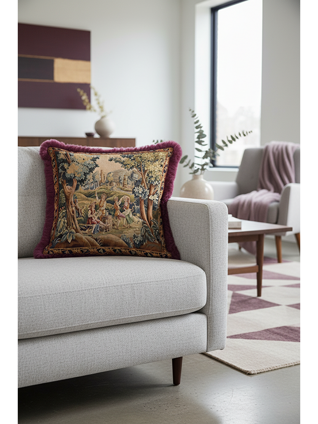 Karışık Barok Klasik Saçaklı Yastık Kılıfı - Pastoral Nostaljik Bordo Altın Püsküllü Kırlent Kılıfı-3