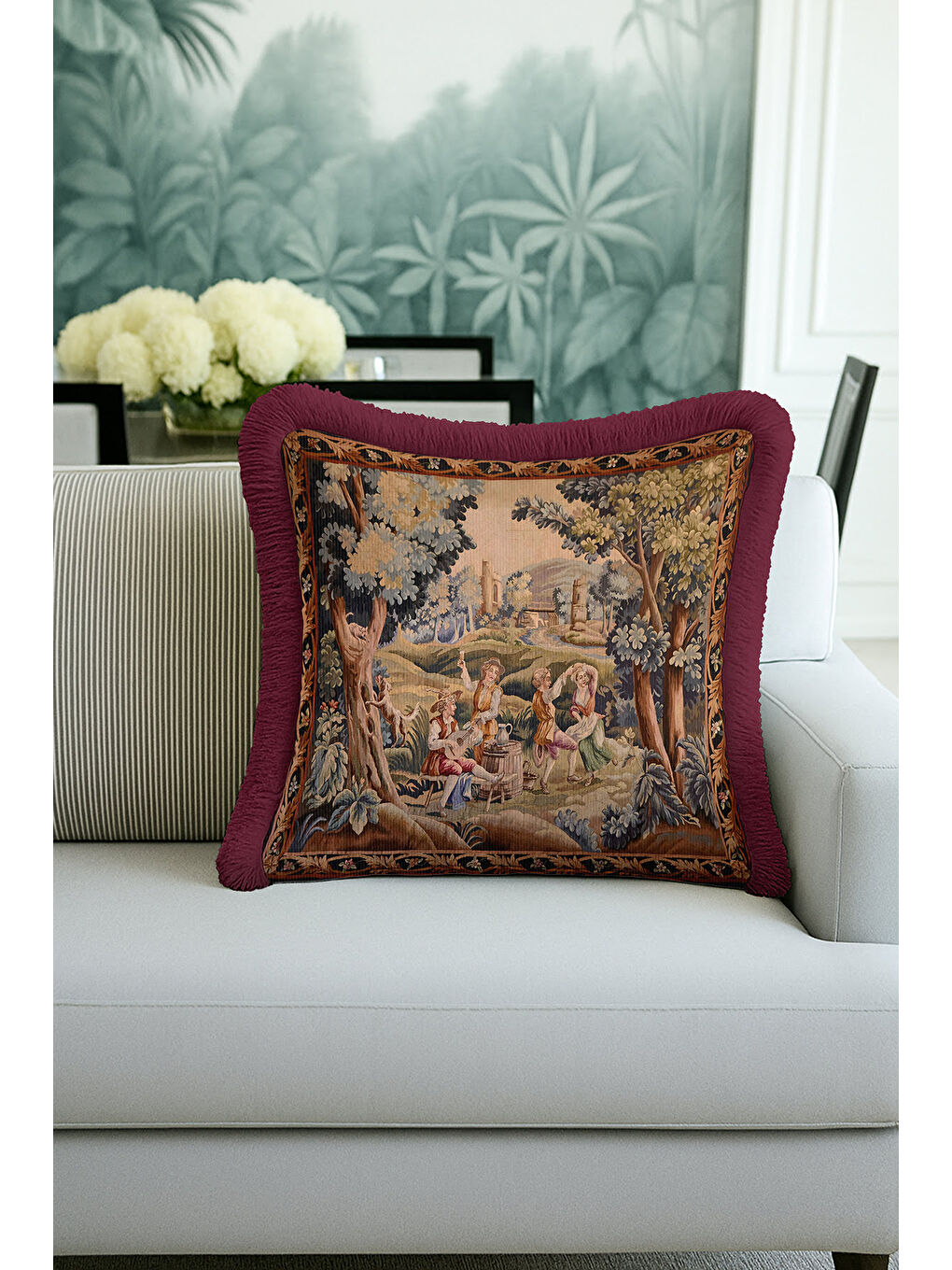 Karışık Barok Klasik Saçaklı Yastık Kılıfı - Pastoral Nostaljik Bordo Altın Püsküllü Kırlent Kılıfı-4
