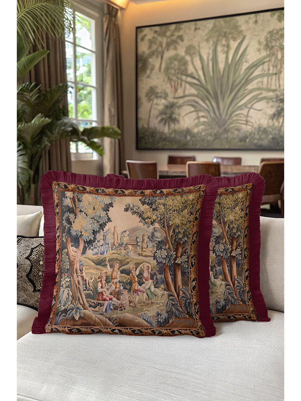 Karışık Barok Klasik Saçaklı Yastık Kılıfı - Pastoral Nostaljik Bordo Altın Püsküllü Kırlent Kılıfı-5