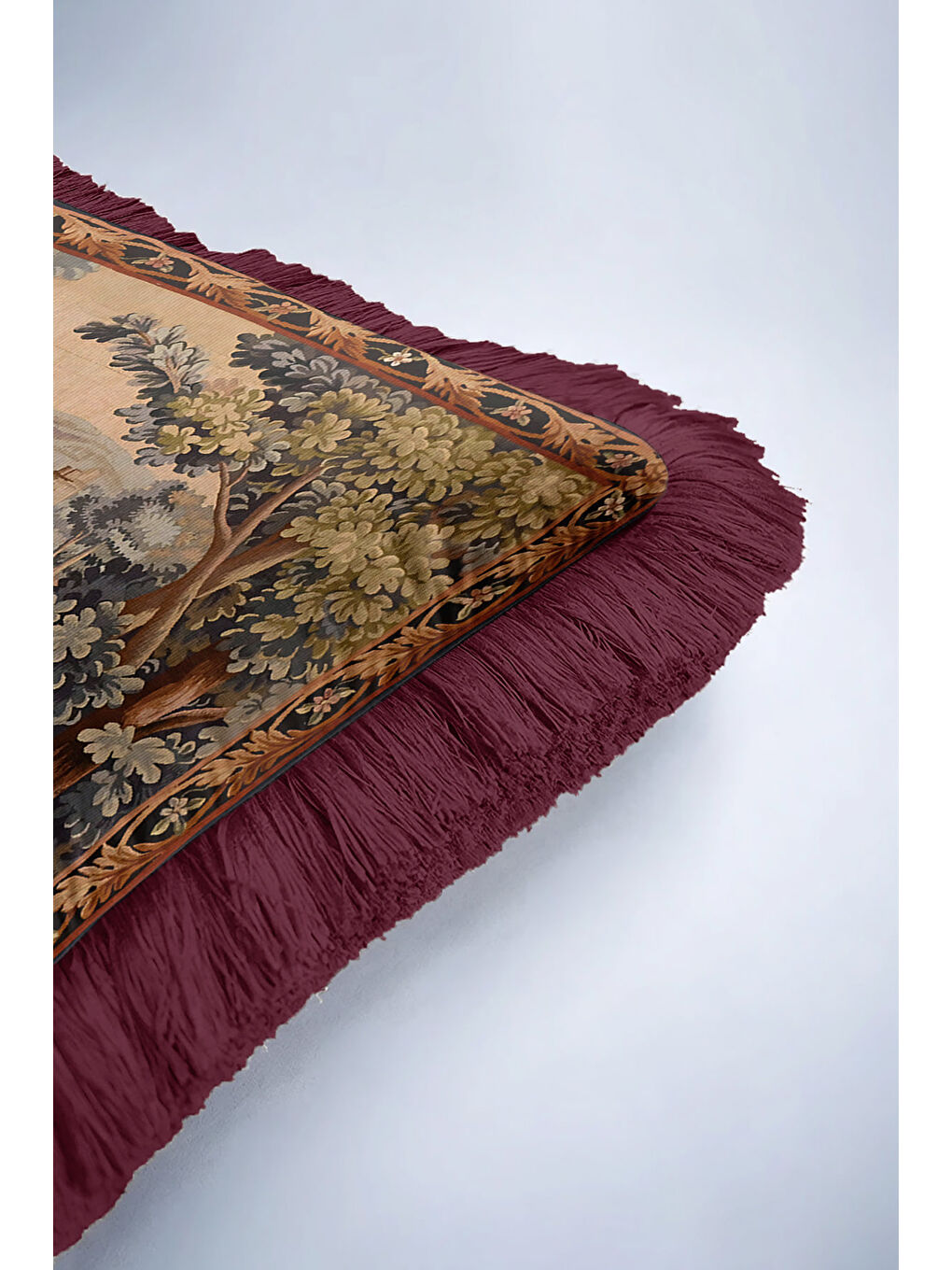 Karışık Barok Klasik Saçaklı Yastık Kılıfı - Pastoral Nostaljik Bordo Altın Püsküllü Kırlent Kılıfı-6