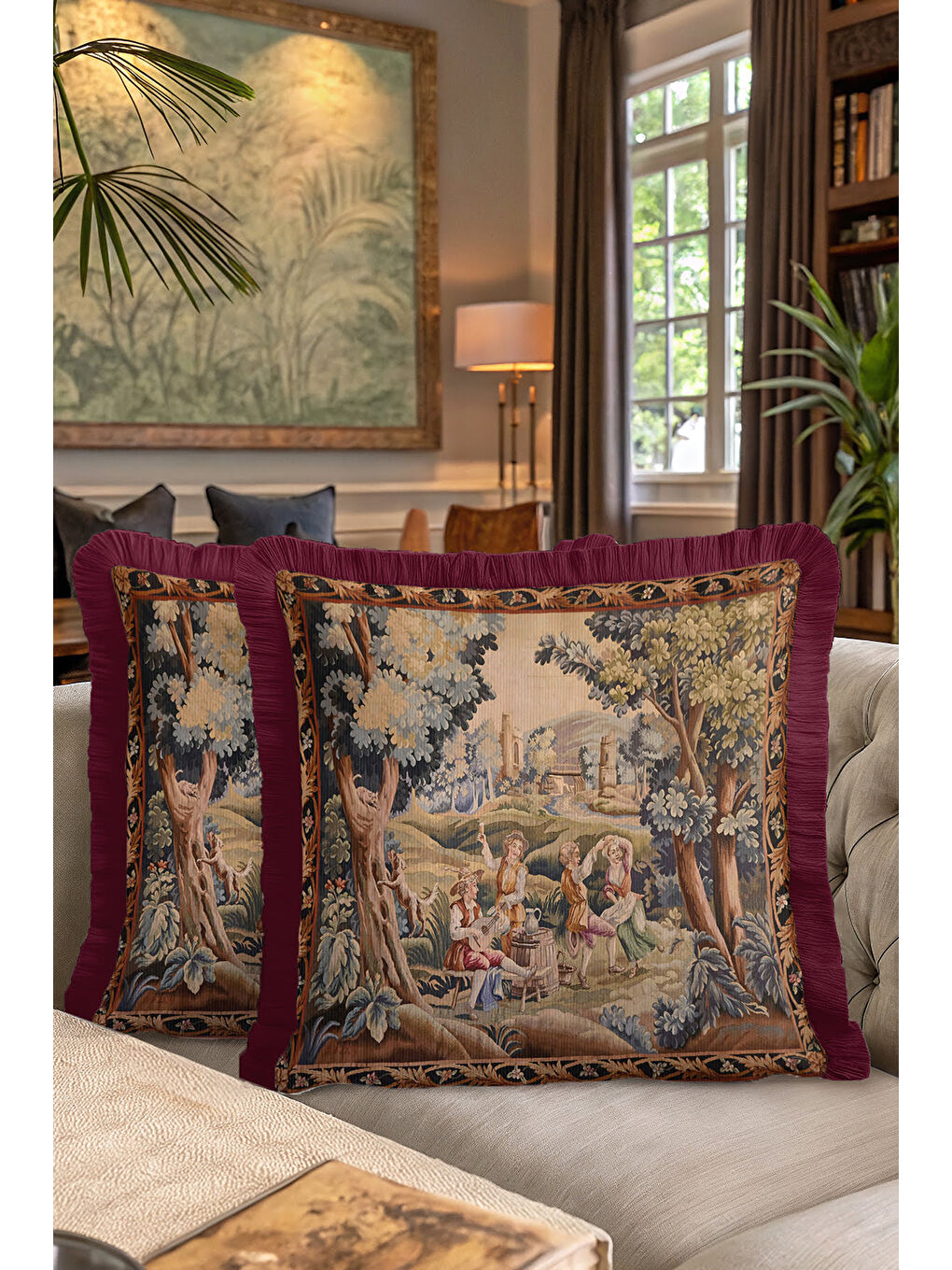 Karışık Barok Klasik Saçaklı Yastık Kılıfı - Pastoral Nostaljik Bordo Altın Püsküllü Kırlent Kılıfı-7