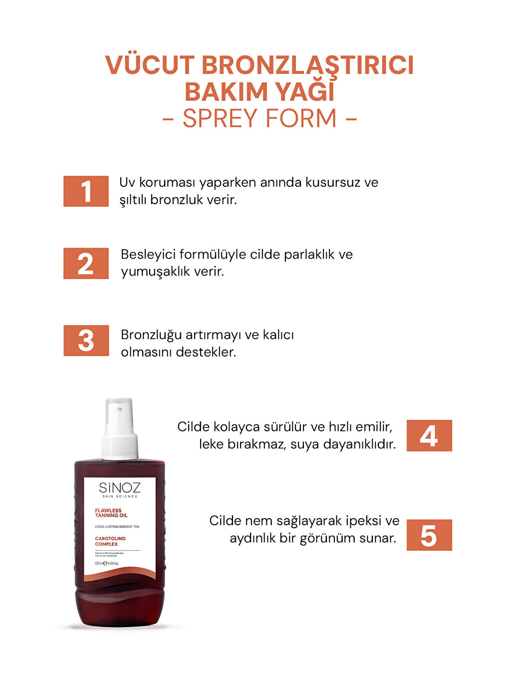 Kusursuz Bronzlaştırıcı Güneş Yağı Spreyi 200 ml Hindistan Cevizi Kakao Havuç Yağı Içeren-1