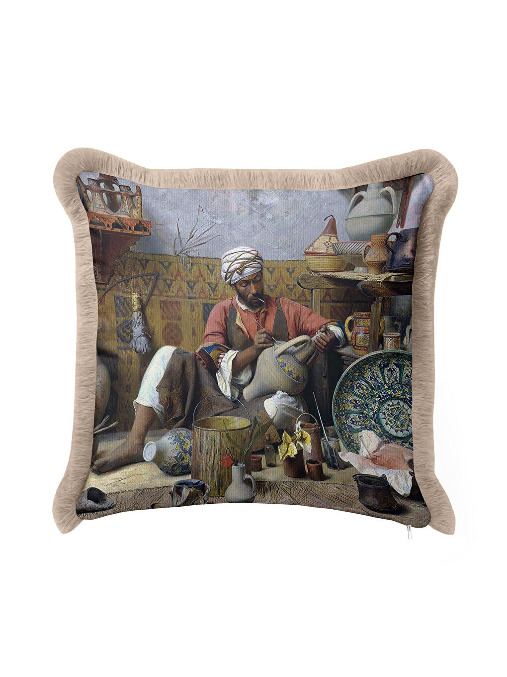 Karışık Oryantal Atölye Motifli Saçaklı Yastık Kılıfı - Sanatsal Esintili Bohem Bej Püsküllü Kırlent Kılıfı-1