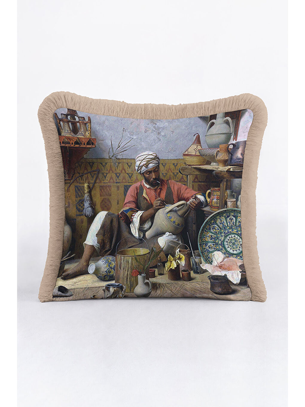 Karışık Oryantal Atölye Motifli Saçaklı Yastık Kılıfı - Sanatsal Esintili Bohem Bej Püsküllü Kırlent Kılıfı-2