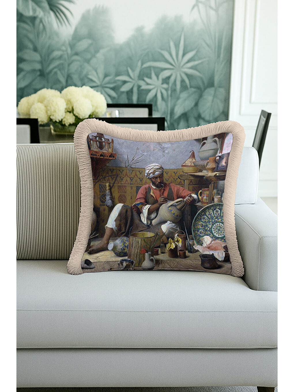 Karışık Oryantal Atölye Motifli Saçaklı Yastık Kılıfı - Sanatsal Esintili Bohem Bej Püsküllü Kırlent Kılıfı-3