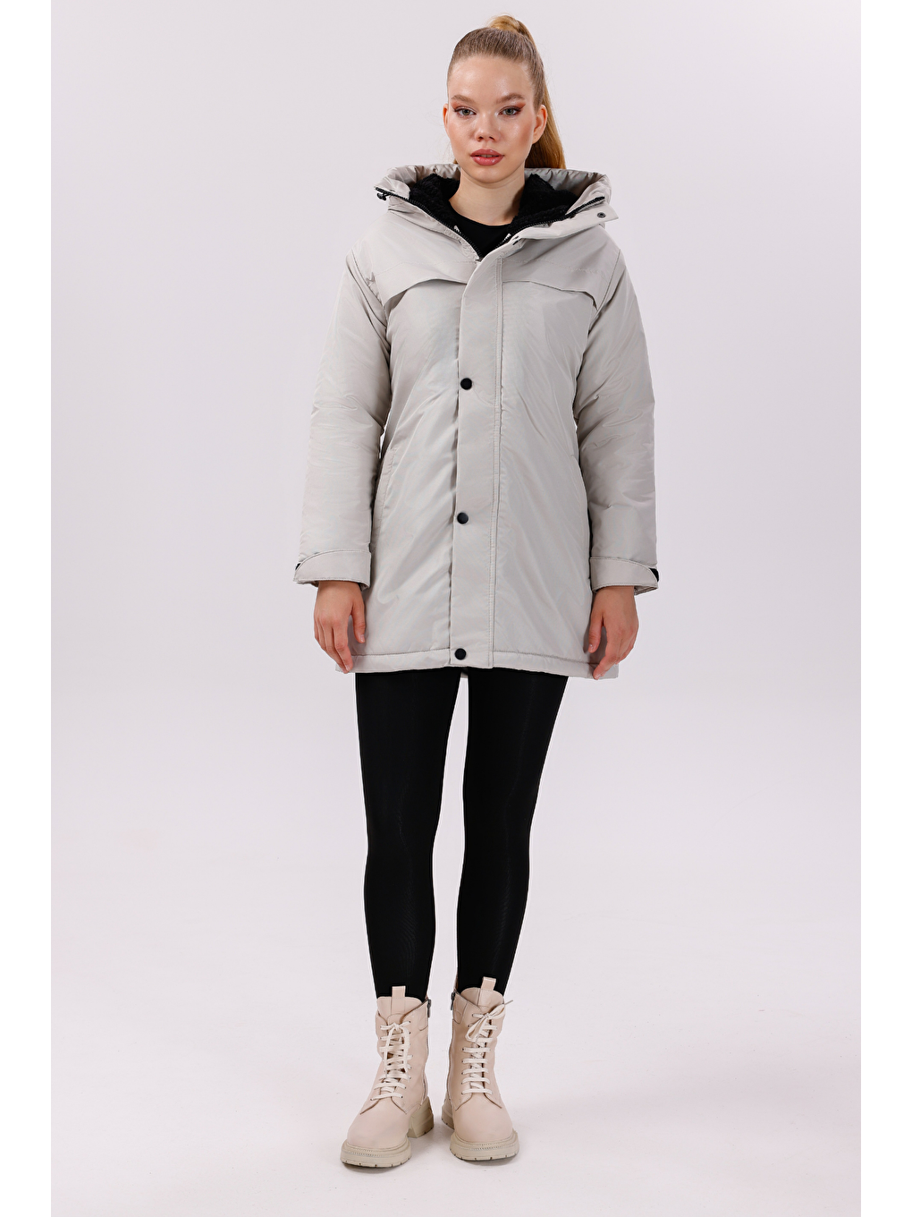 Bej Kadın Kürklü Su Ve Rüzgar Geçirmez Kapüşonlu Kışlık Mont & Kaban & Parka-1