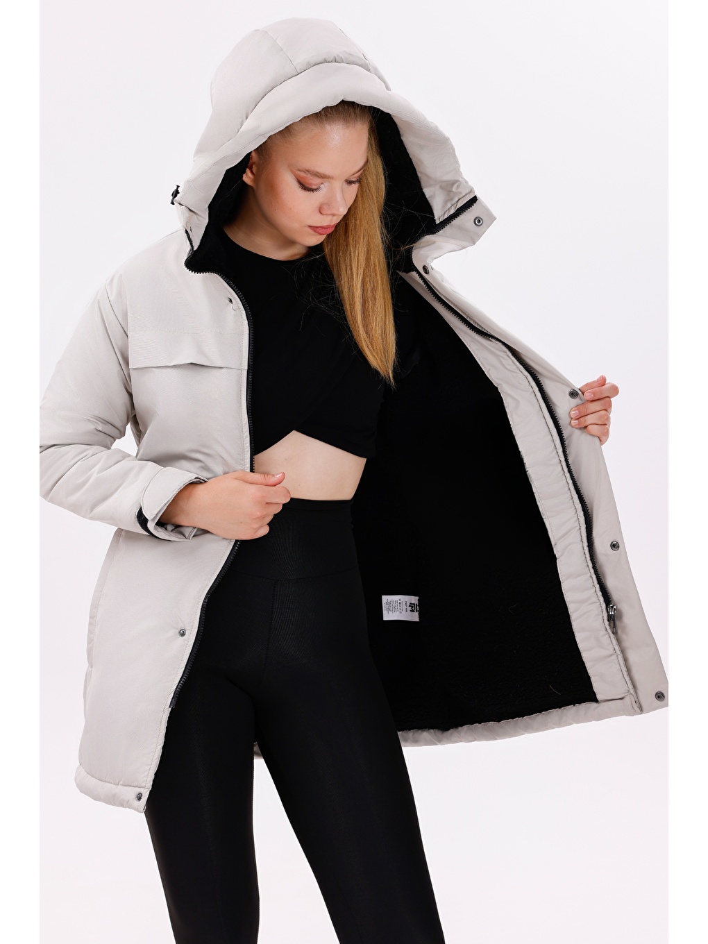 Bej Kadın Kürklü Su Ve Rüzgar Geçirmez Kapüşonlu Kışlık Mont & Kaban & Parka-2