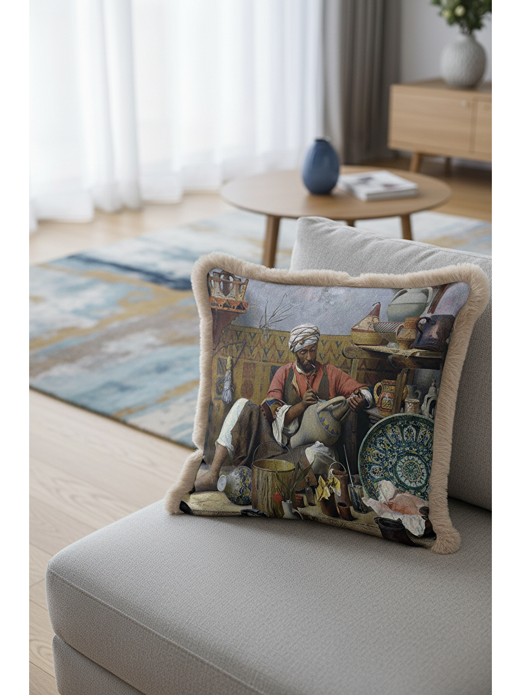 Karışık Oryantal Atölye Motifli Saçaklı Yastık Kılıfı - Sanatsal Esintili Bohem Bej Püsküllü Kırlent Kılıfı-4