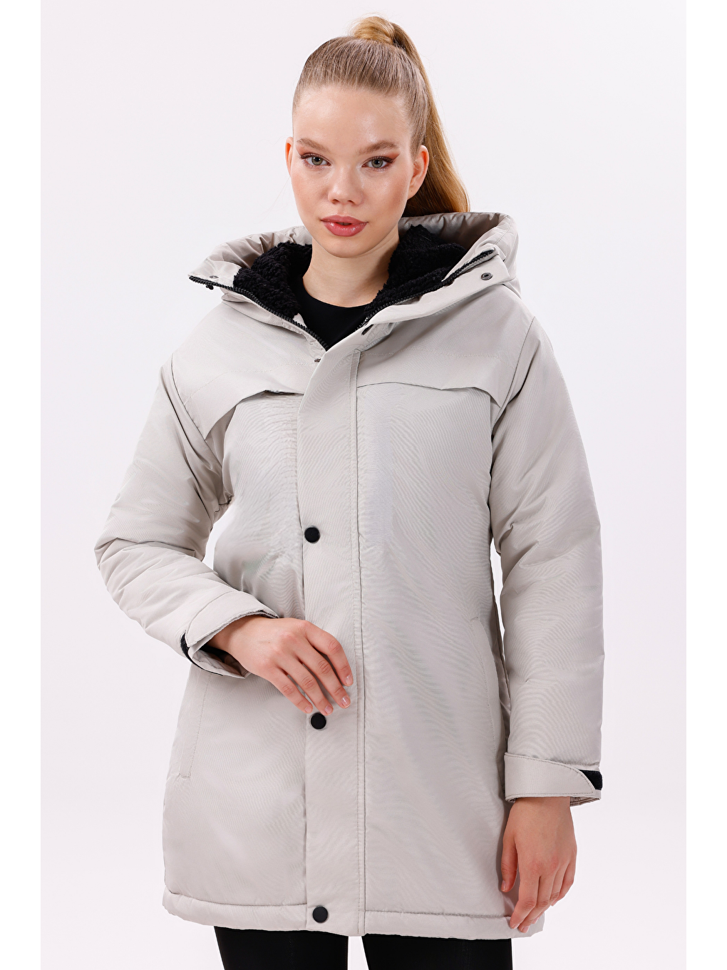 Bej Kadın Kürklü Su Ve Rüzgar Geçirmez Kapüşonlu Kışlık Mont & Kaban & Parka-3