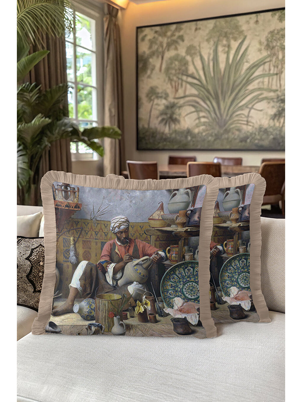 Karışık Oryantal Atölye Motifli Saçaklı Yastık Kılıfı - Sanatsal Esintili Bohem Bej Püsküllü Kırlent Kılıfı-5
