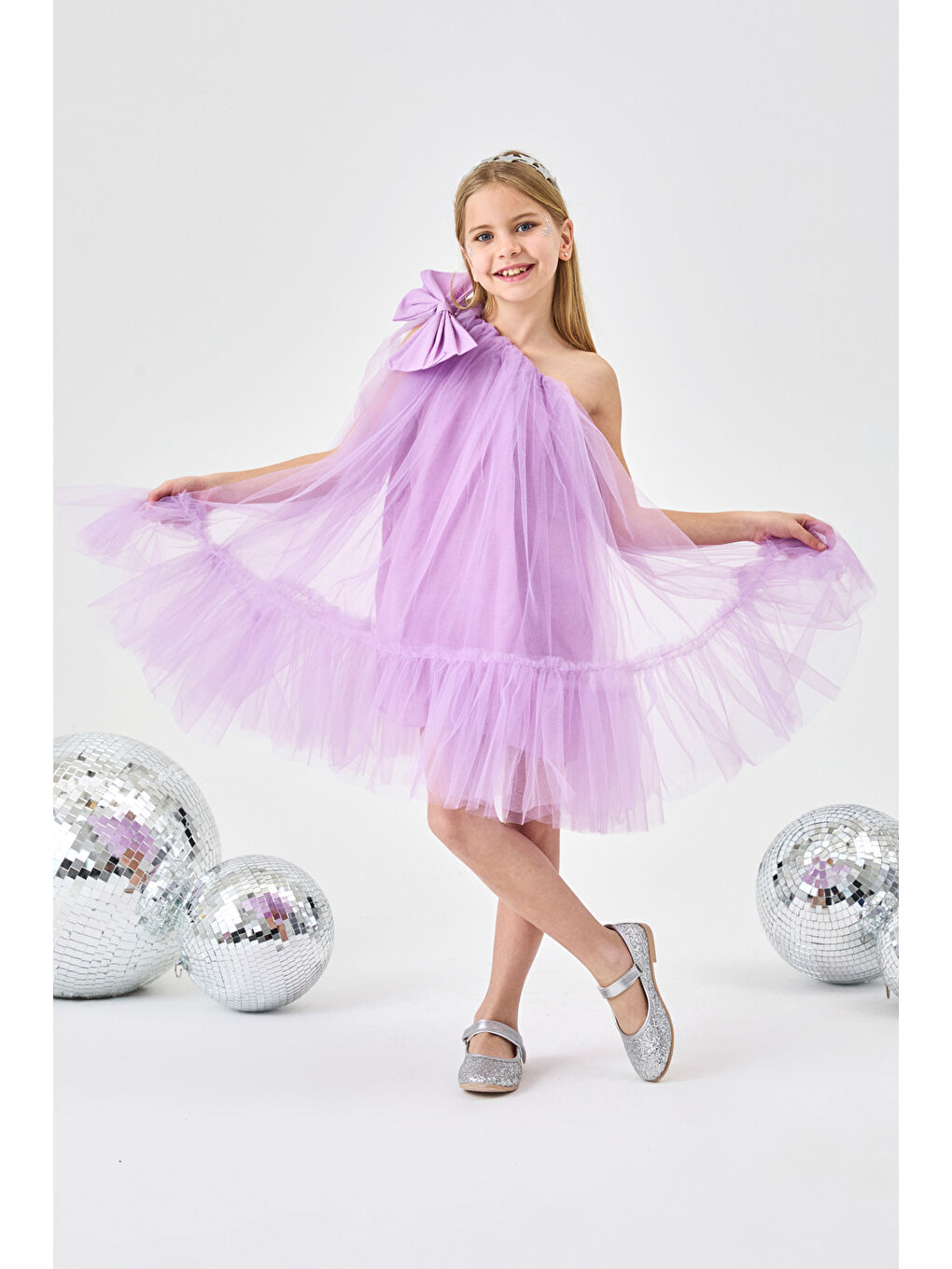 Lila Tek Omuzlu Fiyonklu Kız Çocuk Tül Elbise - Orlene-1