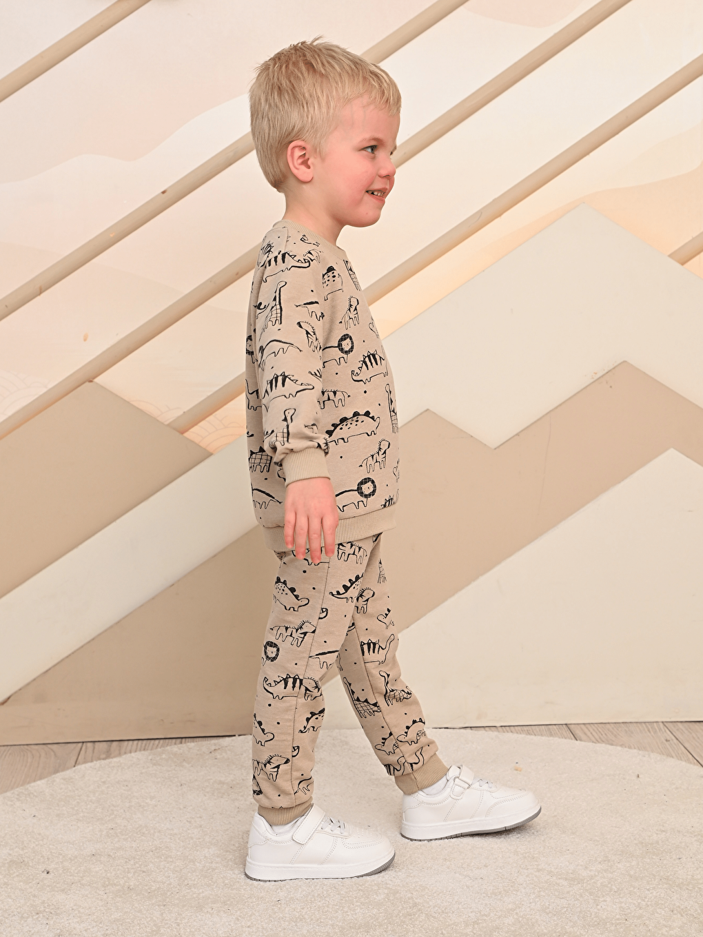 Kahverengi Bisiklet Yaka Baskılı Erkek Bebek Sweatshirt ve Eşofman Alt 2'li-1