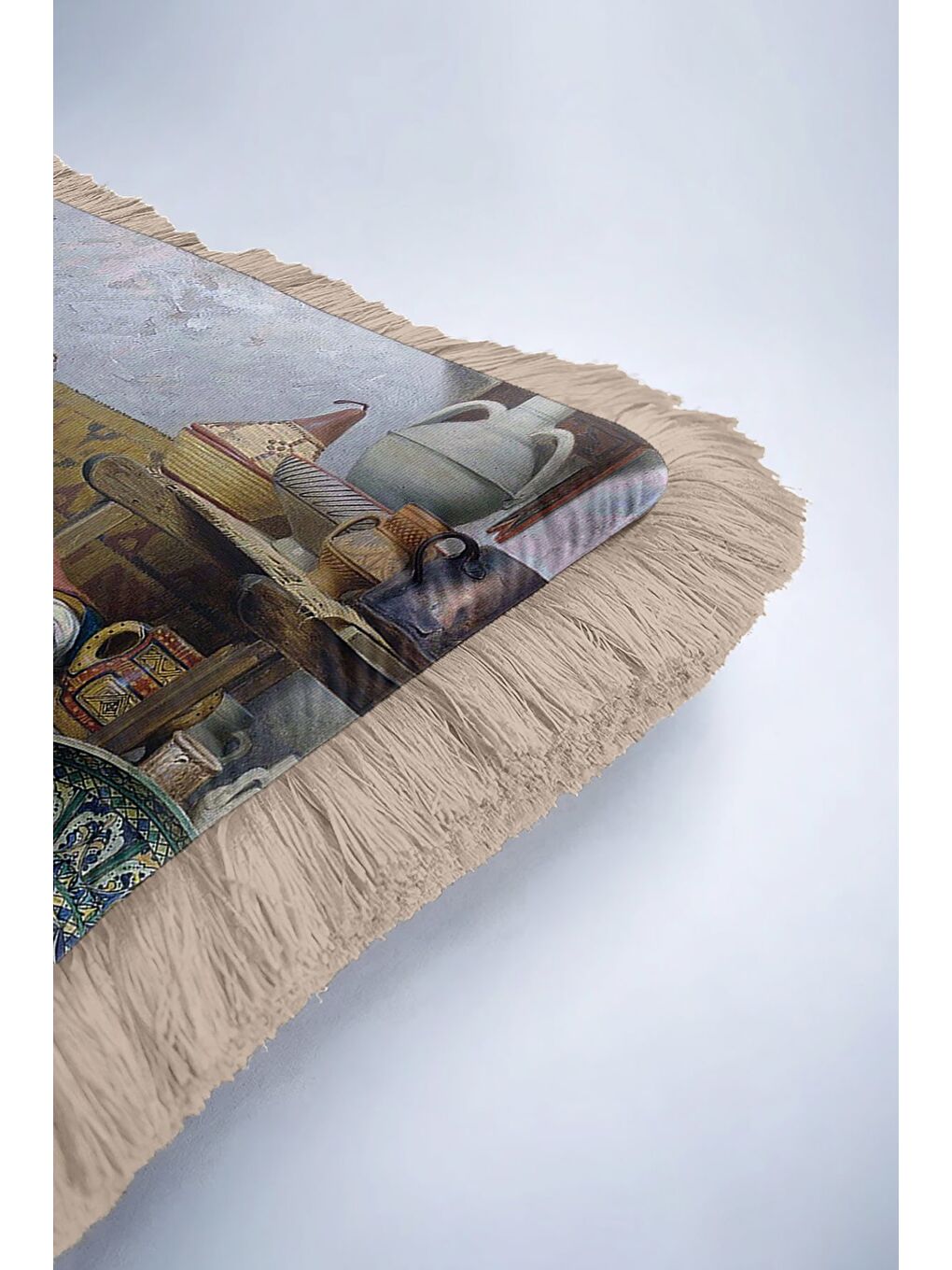Karışık Oryantal Atölye Motifli Saçaklı Yastık Kılıfı - Sanatsal Esintili Bohem Bej Püsküllü Kırlent Kılıfı-6