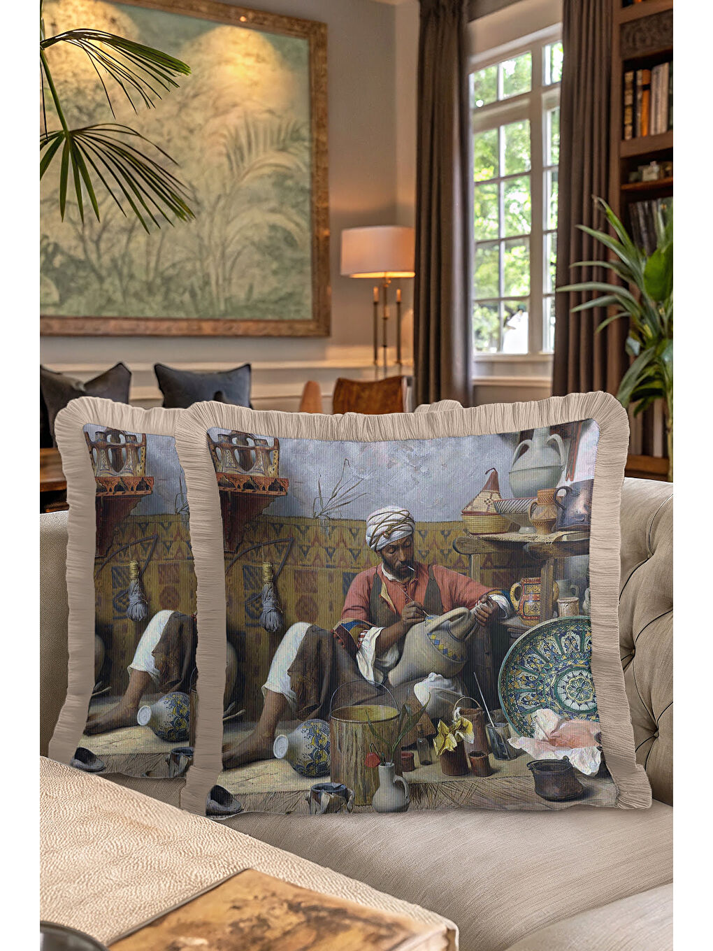 Karışık Oryantal Atölye Motifli Saçaklı Yastık Kılıfı - Sanatsal Esintili Bohem Bej Püsküllü Kırlent Kılıfı-7
