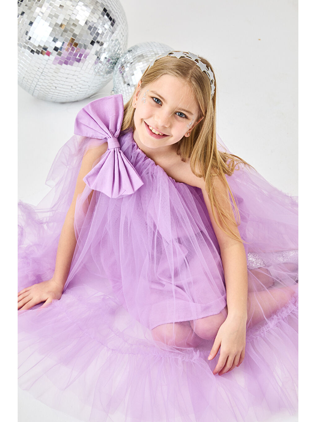 Lila Tek Omuzlu Fiyonklu Kız Çocuk Tül Elbise - Orlene-2