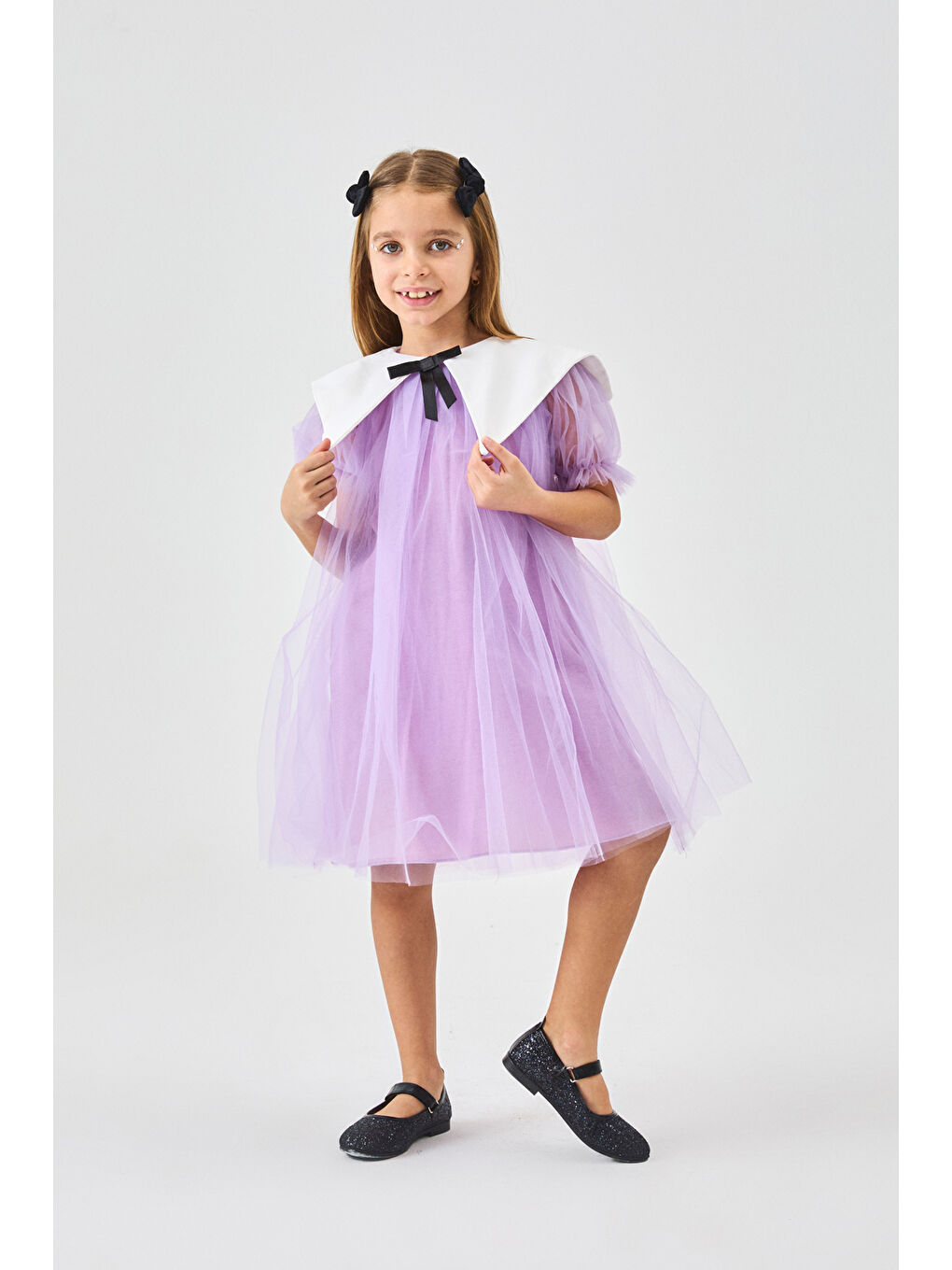 Lila Sivri Yakalı Kız Çocuk Tül Elbise - Nicole-1