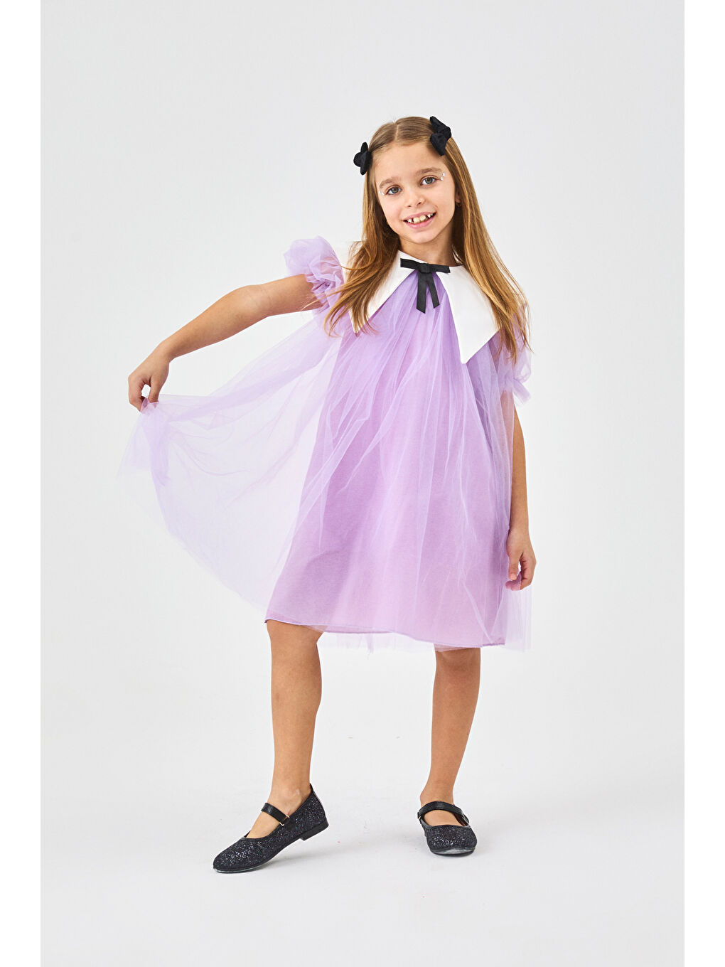 Lila Sivri Yakalı Kız Çocuk Tül Elbise - Nicole-2